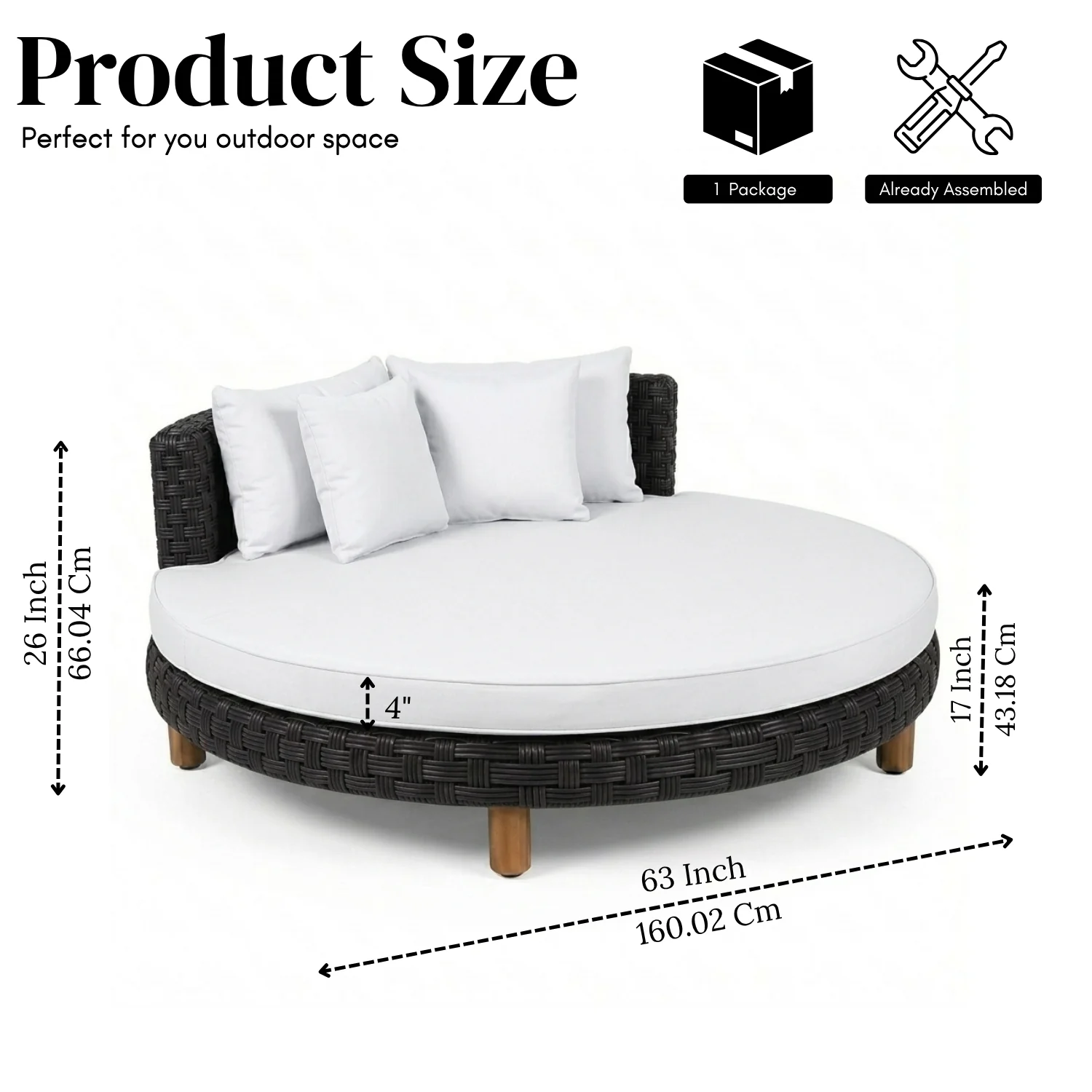Outdoor All-Weather Rattan Wicker Round Daybed (Black & White) - Image 2