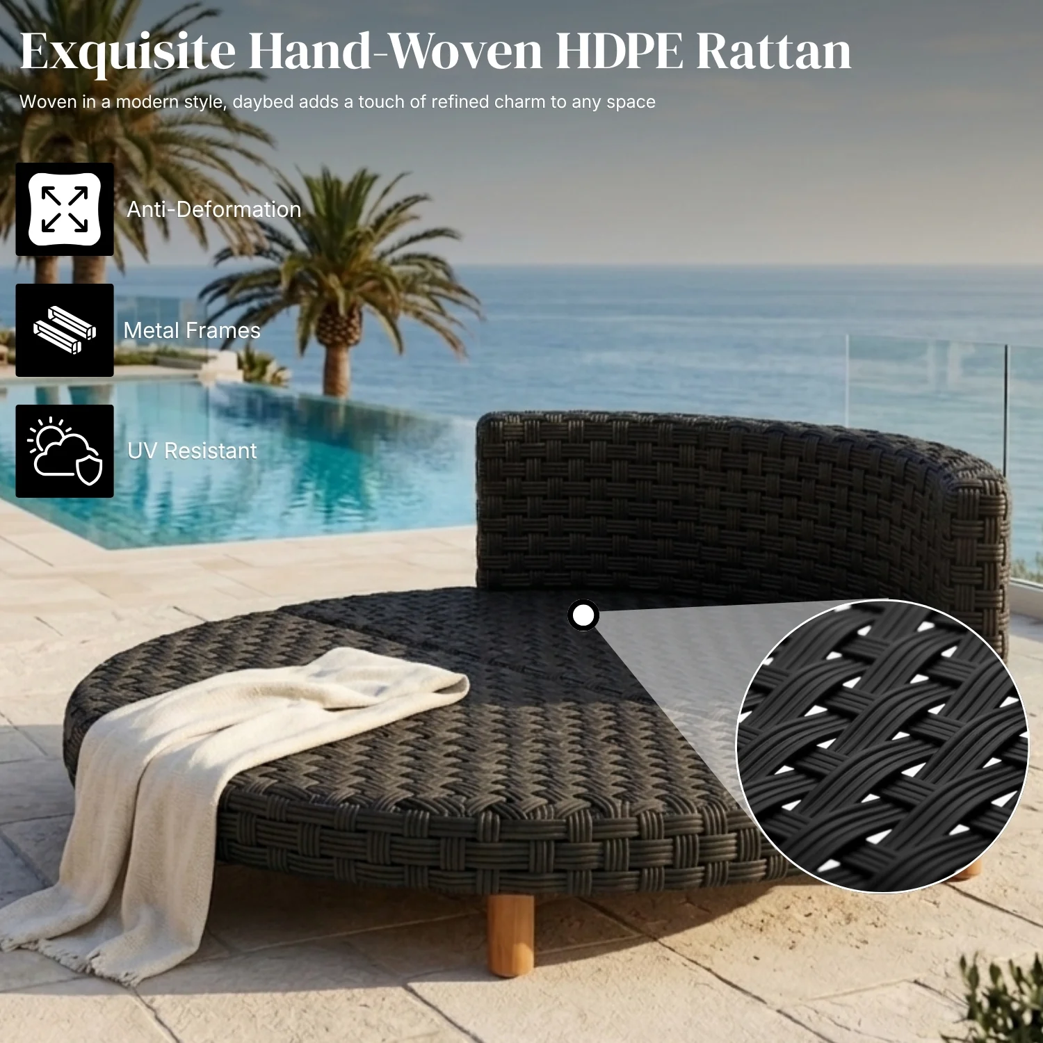 Outdoor All-Weather Rattan Wicker Round Daybed (Black & White) - Image 3