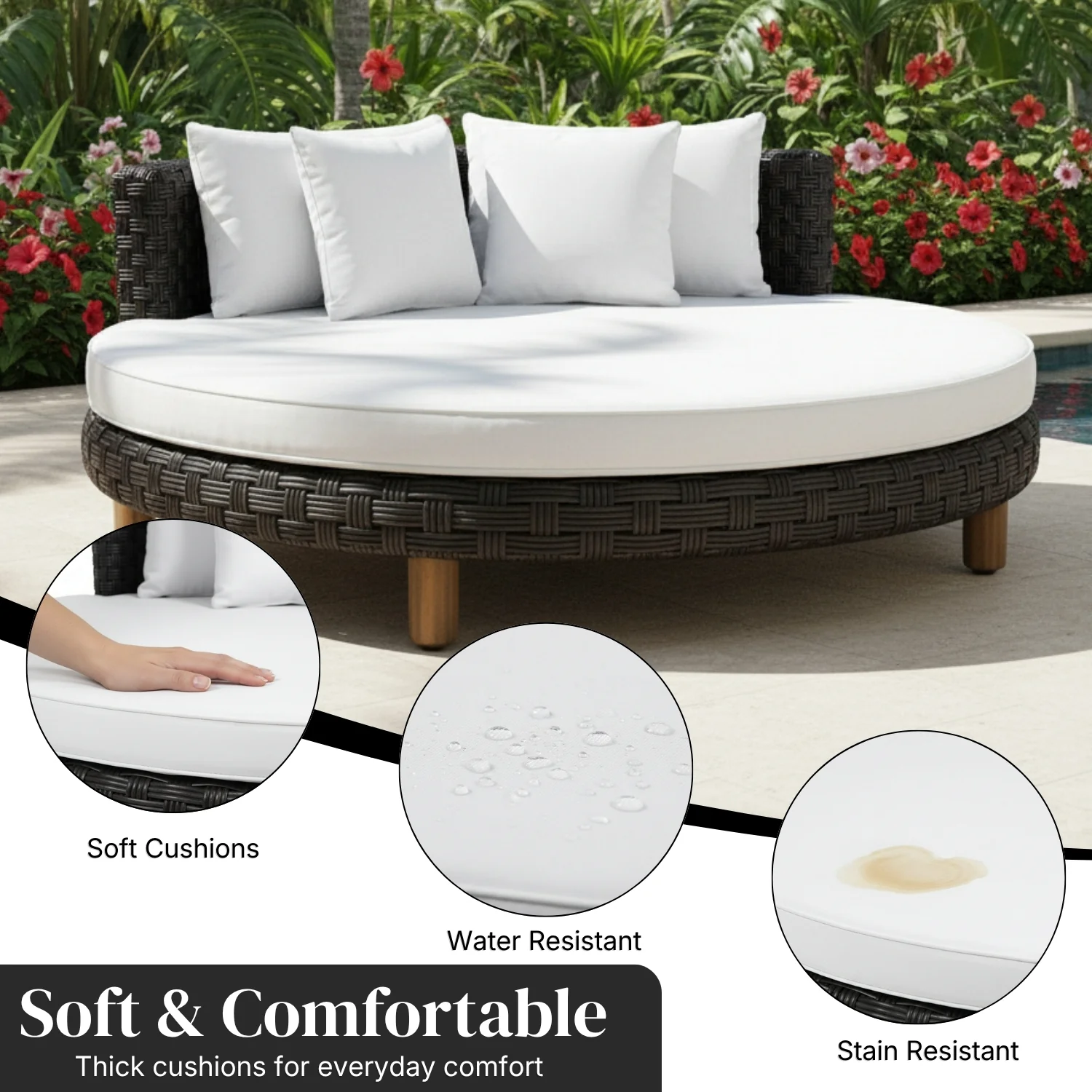 Outdoor All-Weather Rattan Wicker Round Daybed (Black & White) - Image 5