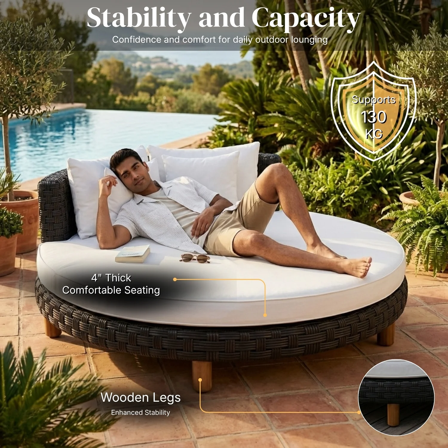 Outdoor All-Weather Rattan Wicker Round Daybed (Black & White) - Image 6