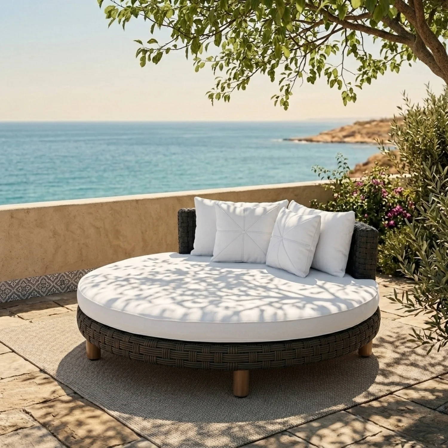 Outdoor All-Weather Rattan Wicker Round Daybed (Black & White) - Image 7