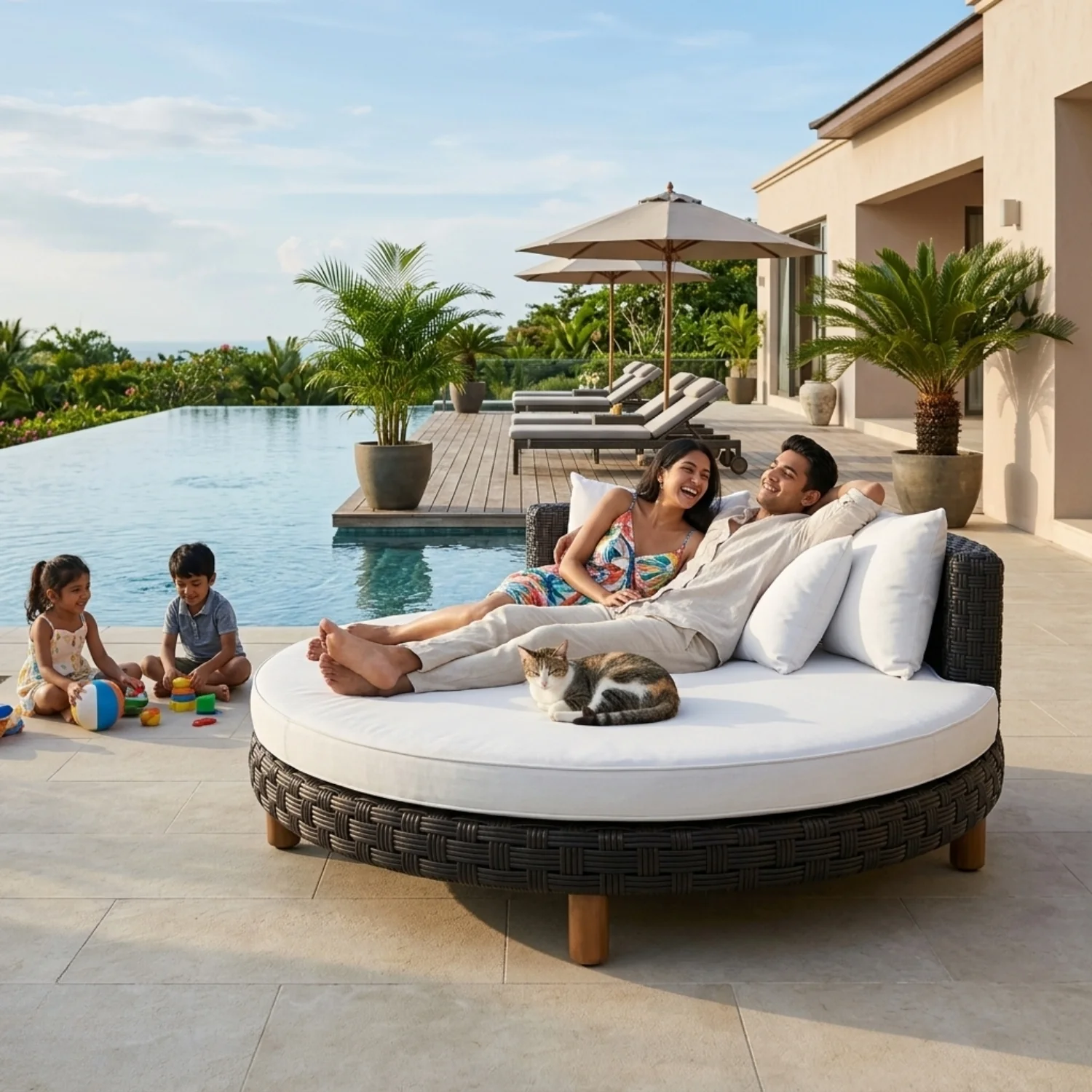 Outdoor All-Weather Rattan Wicker Round Daybed (Black & White) - Image 9