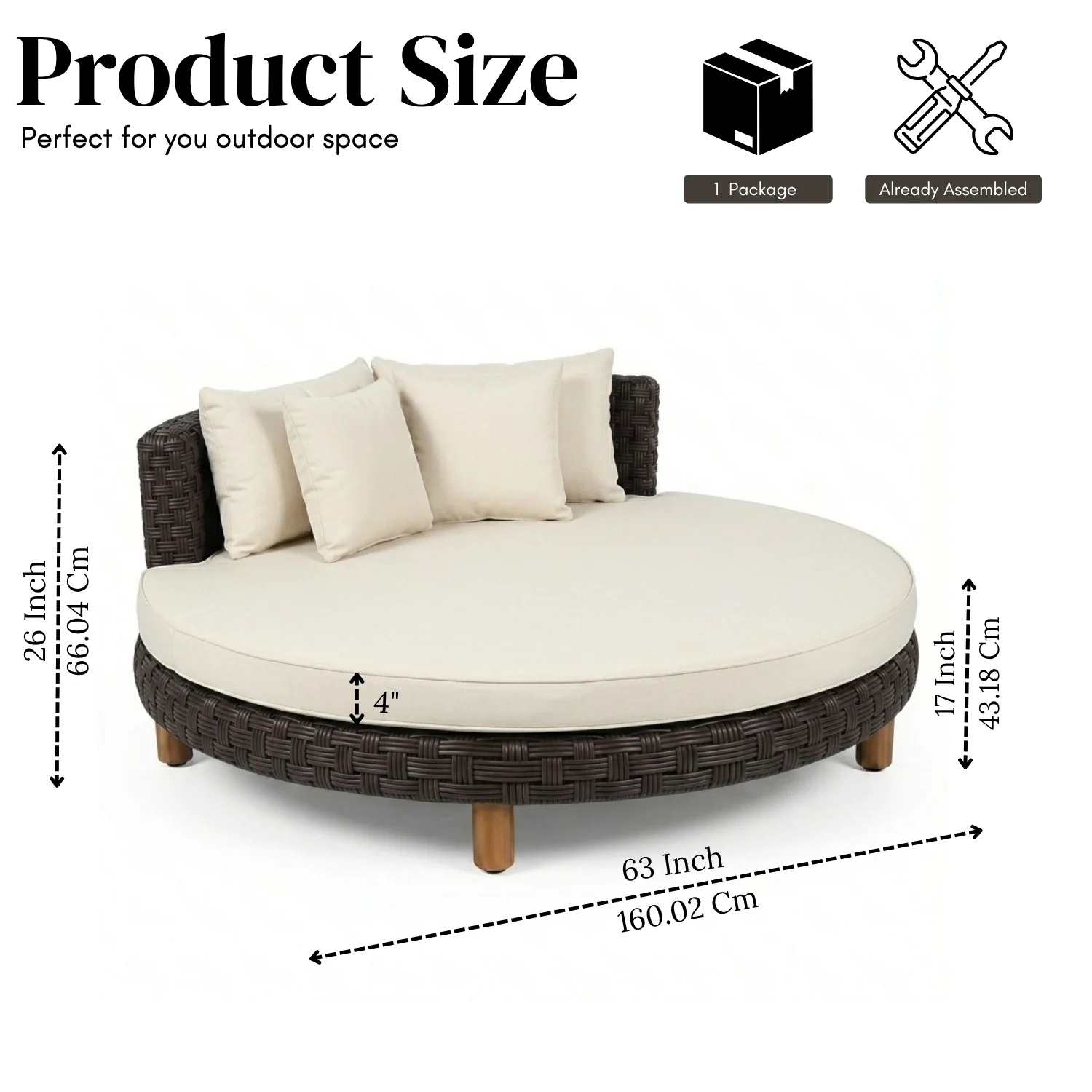 Outdoor All-Weather Rattan Wicker Round Daybed (Dark Brown & Cream) - Image 2