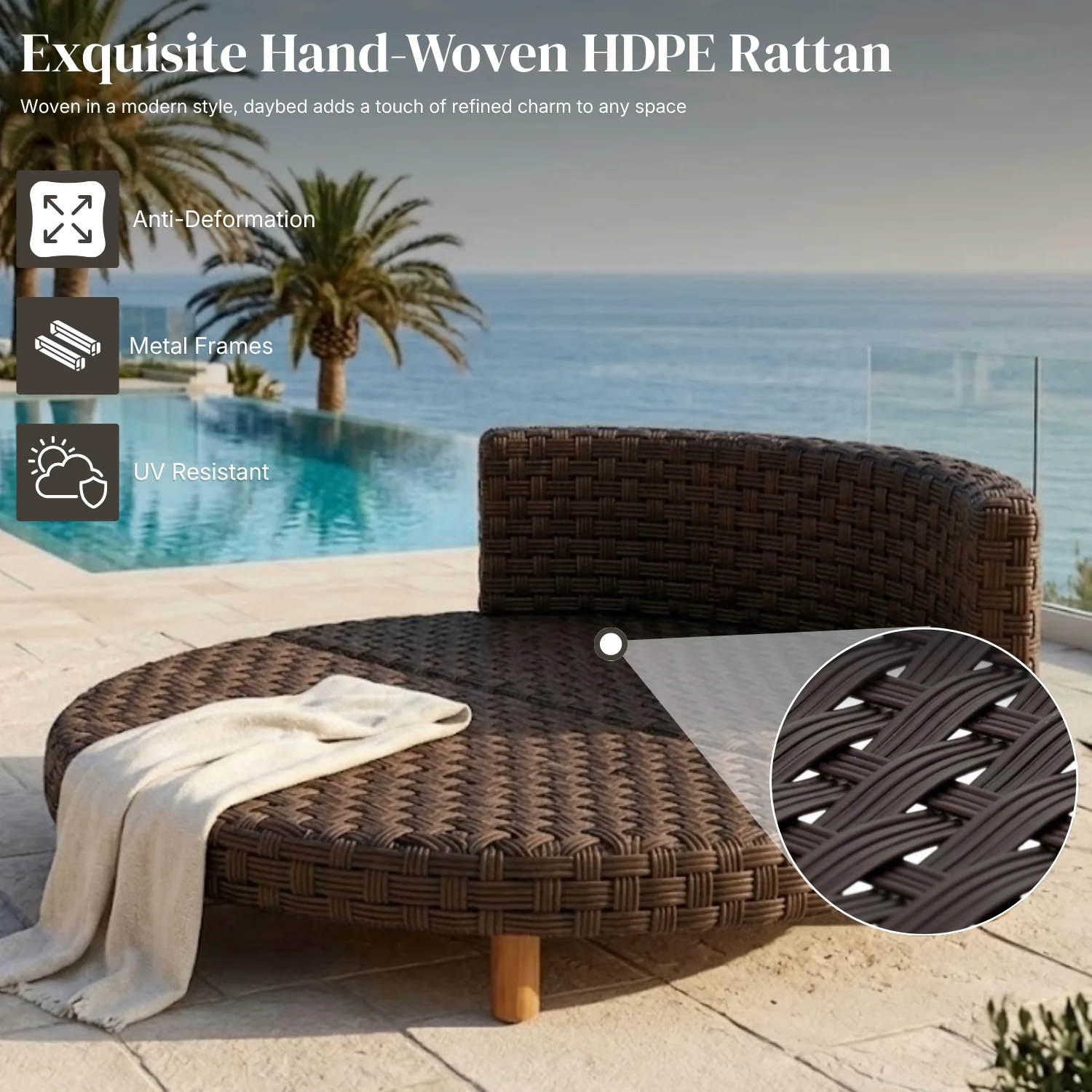 Outdoor All-Weather Rattan Wicker Round Daybed (Dark Brown & Cream) - Image 3
