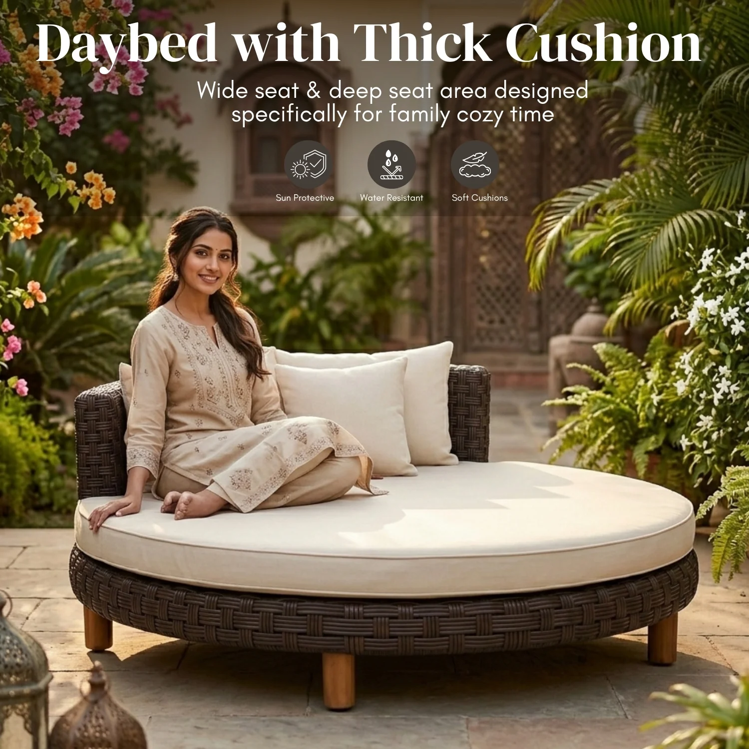 Outdoor All-Weather Rattan Wicker Round Daybed (Dark Brown & Cream) - Image 4
