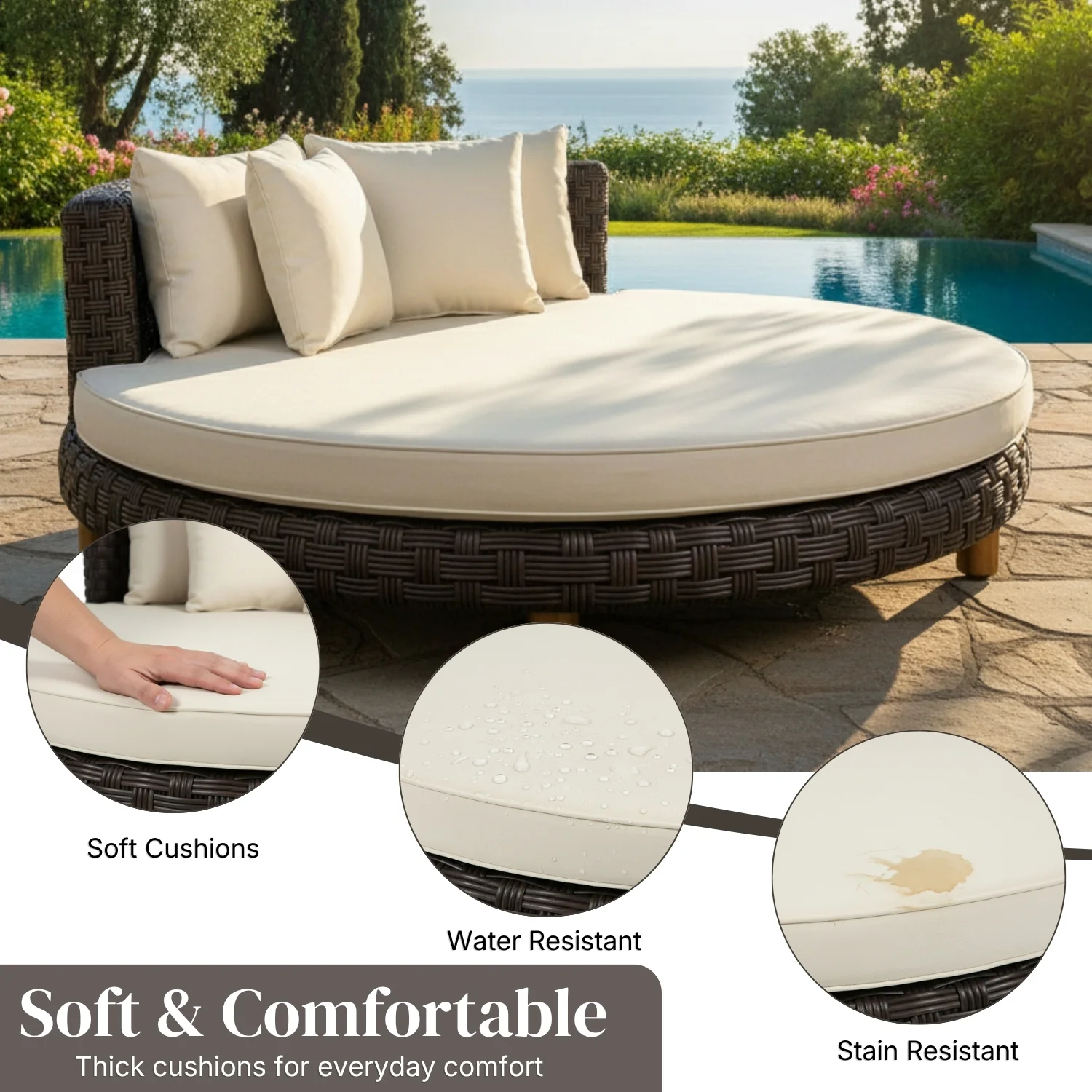 Outdoor All-Weather Rattan Wicker Round Daybed (Dark Brown & Cream) - Image 5