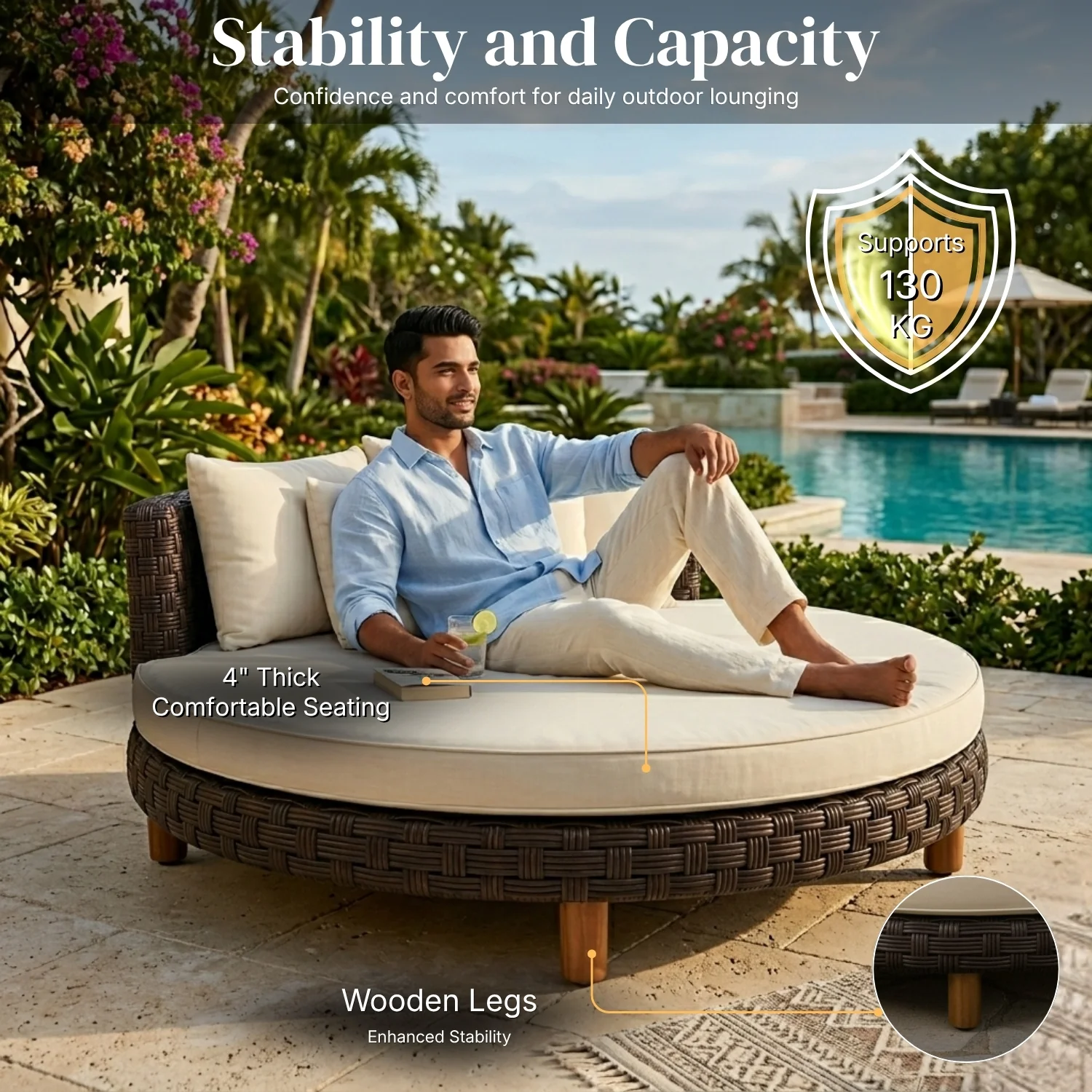 Outdoor All-Weather Rattan Wicker Round Daybed (Dark Brown & Cream) - Image 6