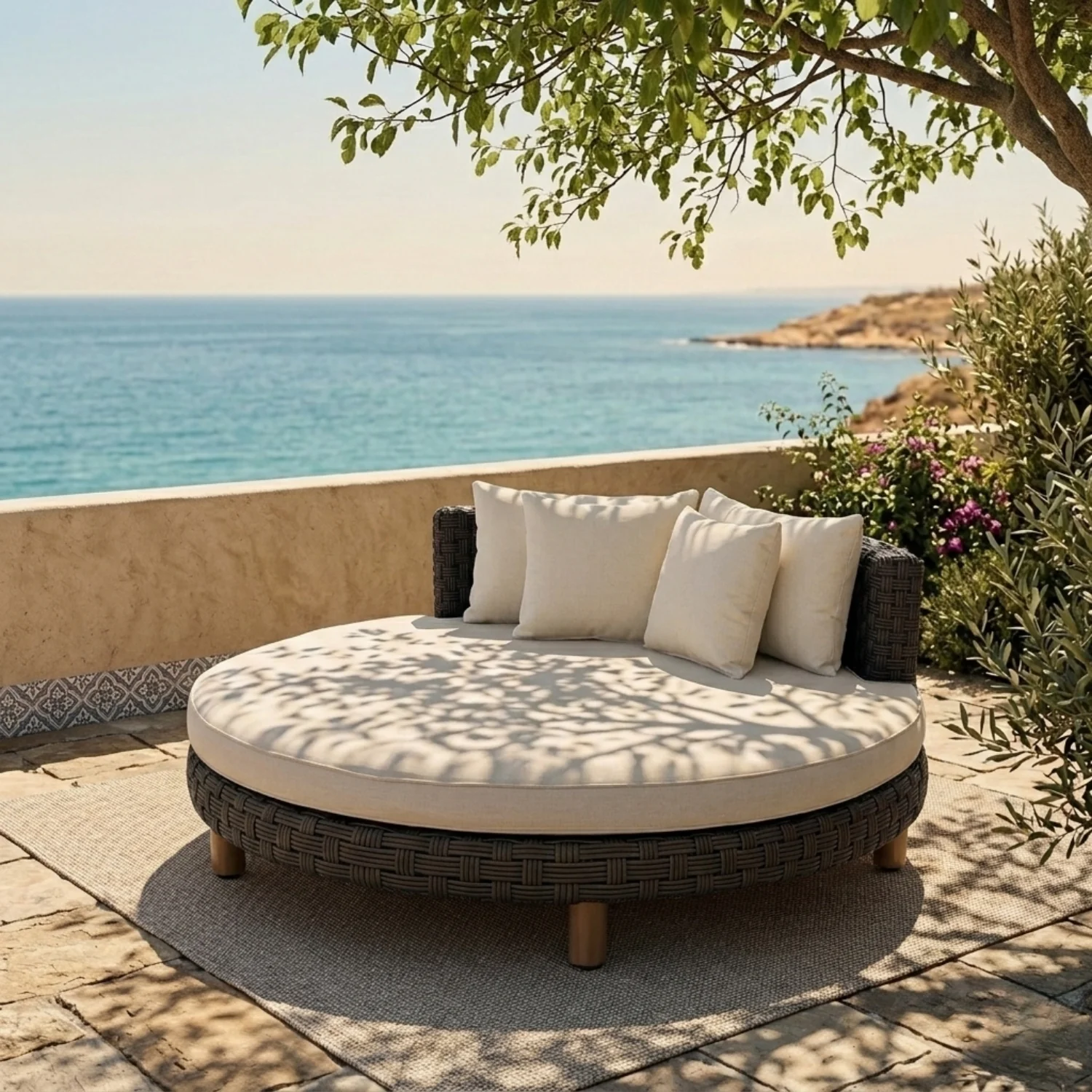 Outdoor All-Weather Rattan Wicker Round Daybed (Dark Brown & Cream) - Image 7