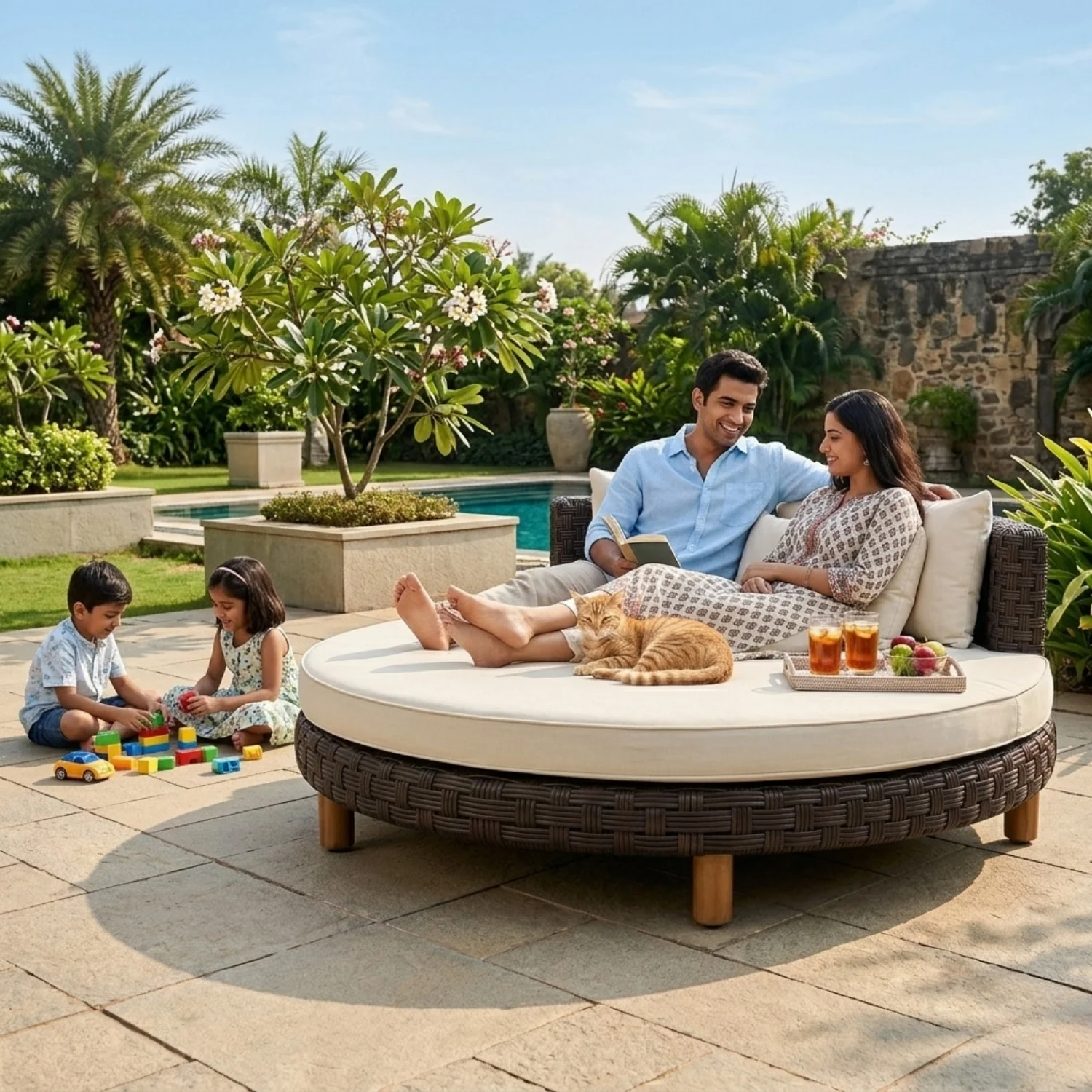 Outdoor All-Weather Rattan Wicker Round Daybed (Dark Brown & Cream) - Image 9