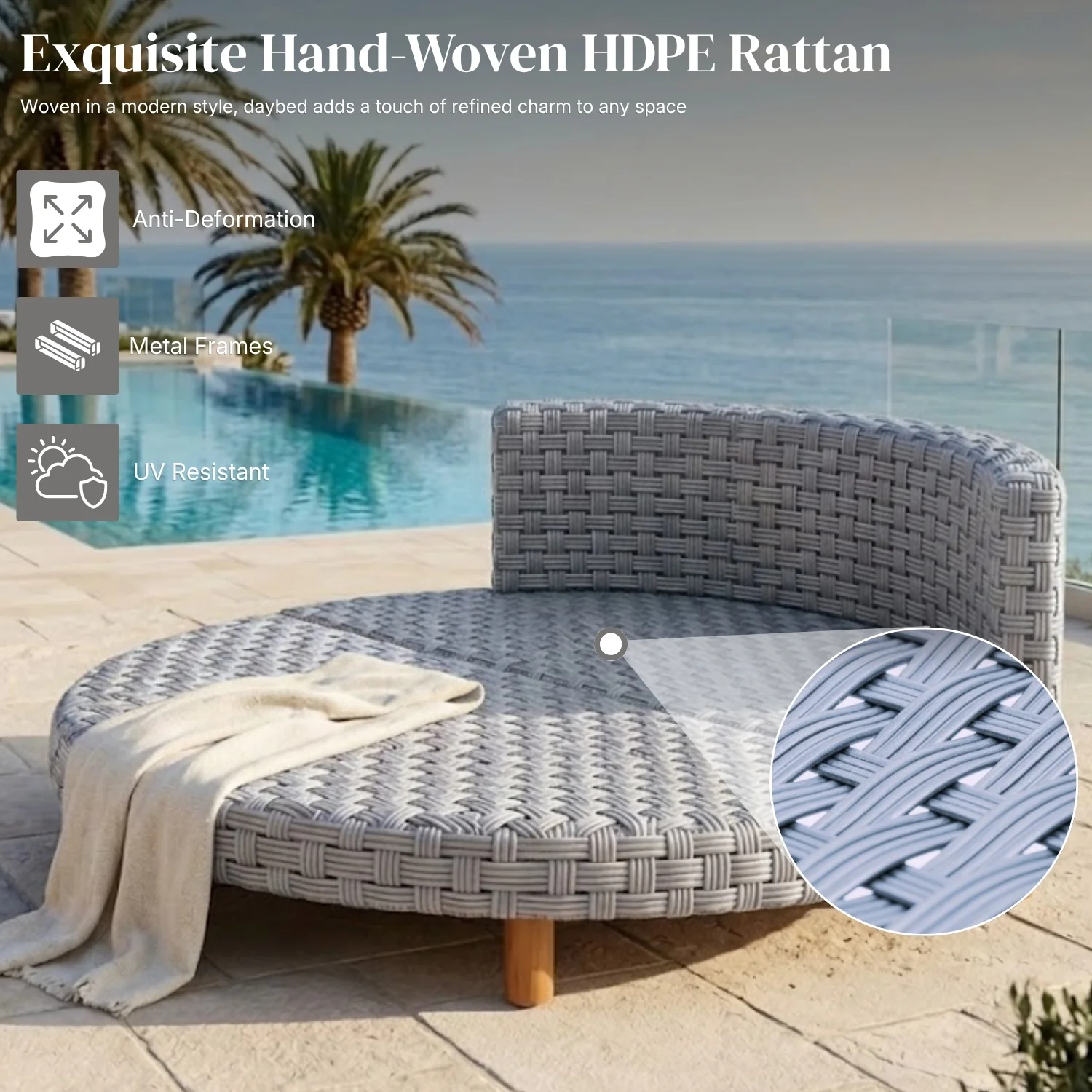 Outdoor All-Weather Rattan Wicker Round Daybed (Silver Grey & Dark Grey) - Image 3