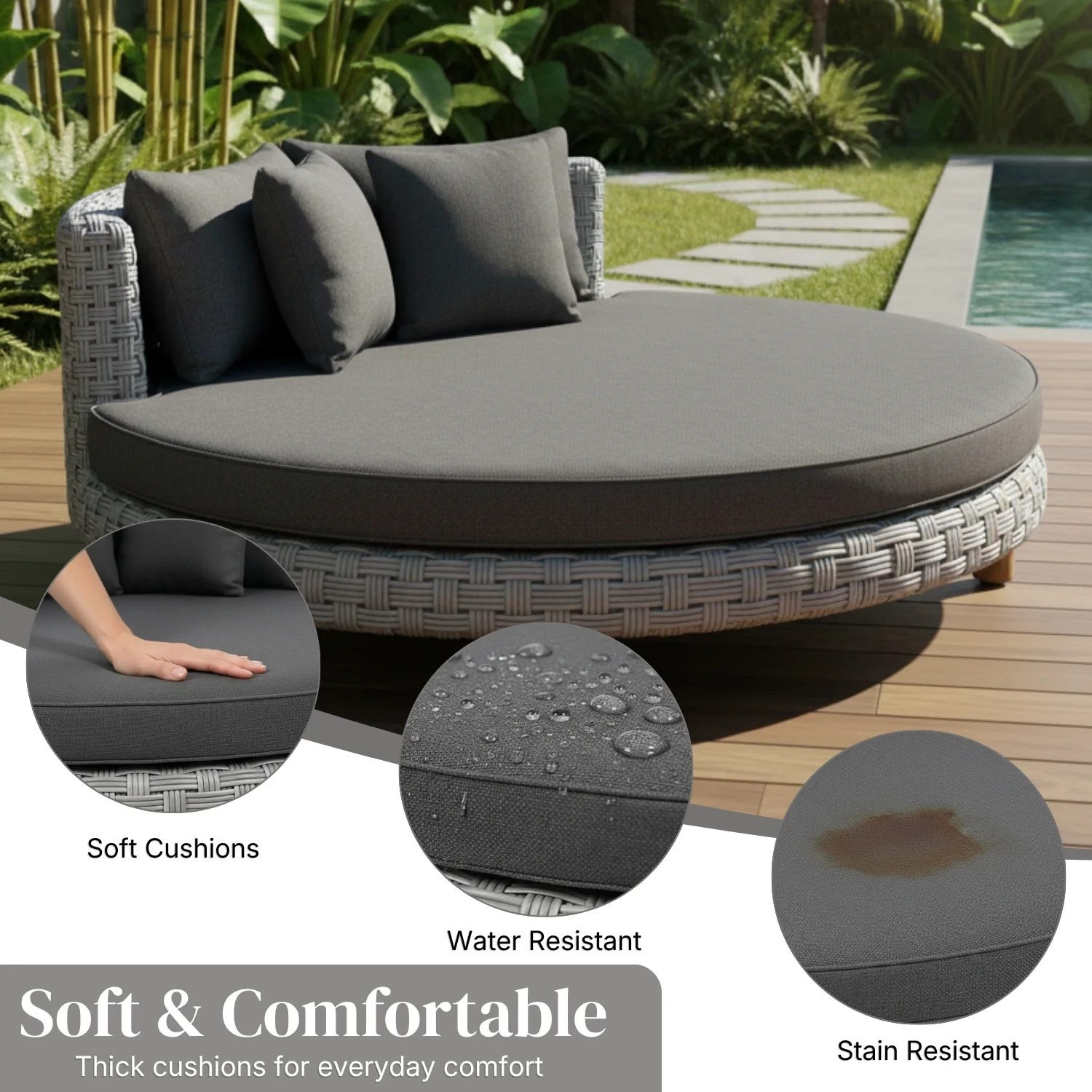 Outdoor All-Weather Rattan Wicker Round Daybed (Silver Grey & Dark Grey) - Image 5