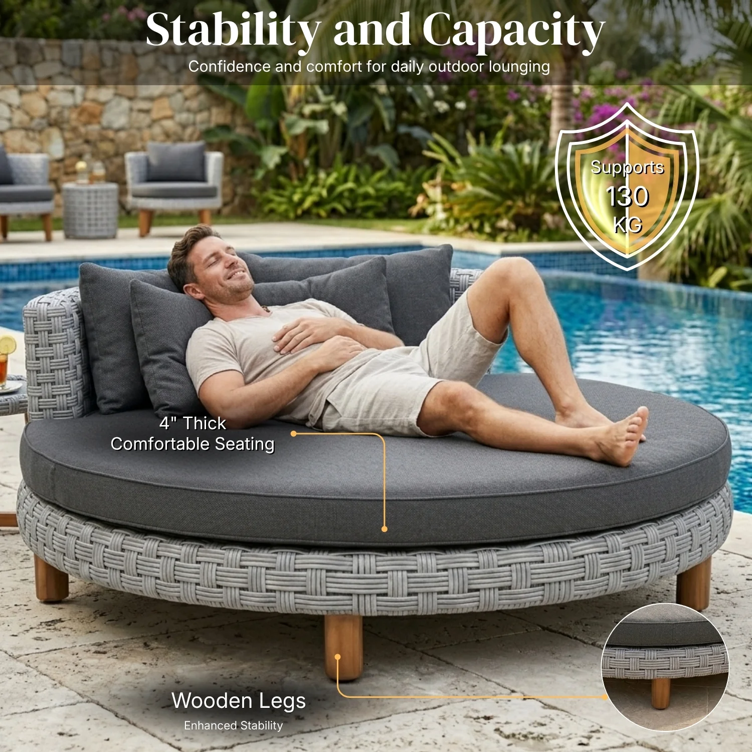 Outdoor All-Weather Rattan Wicker Round Daybed (Silver Grey & Dark Grey) - Image 6