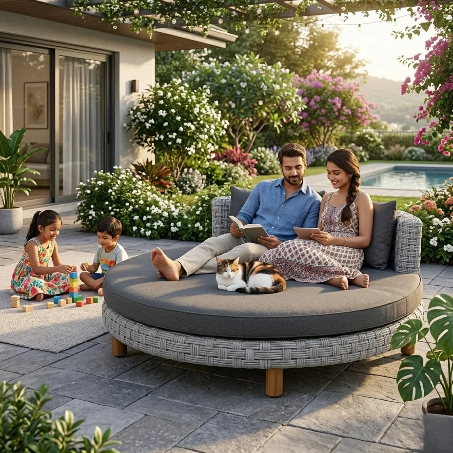 Outdoor All-Weather Rattan Wicker Round Daybed (Silver Grey & Dark Grey) - Image 9