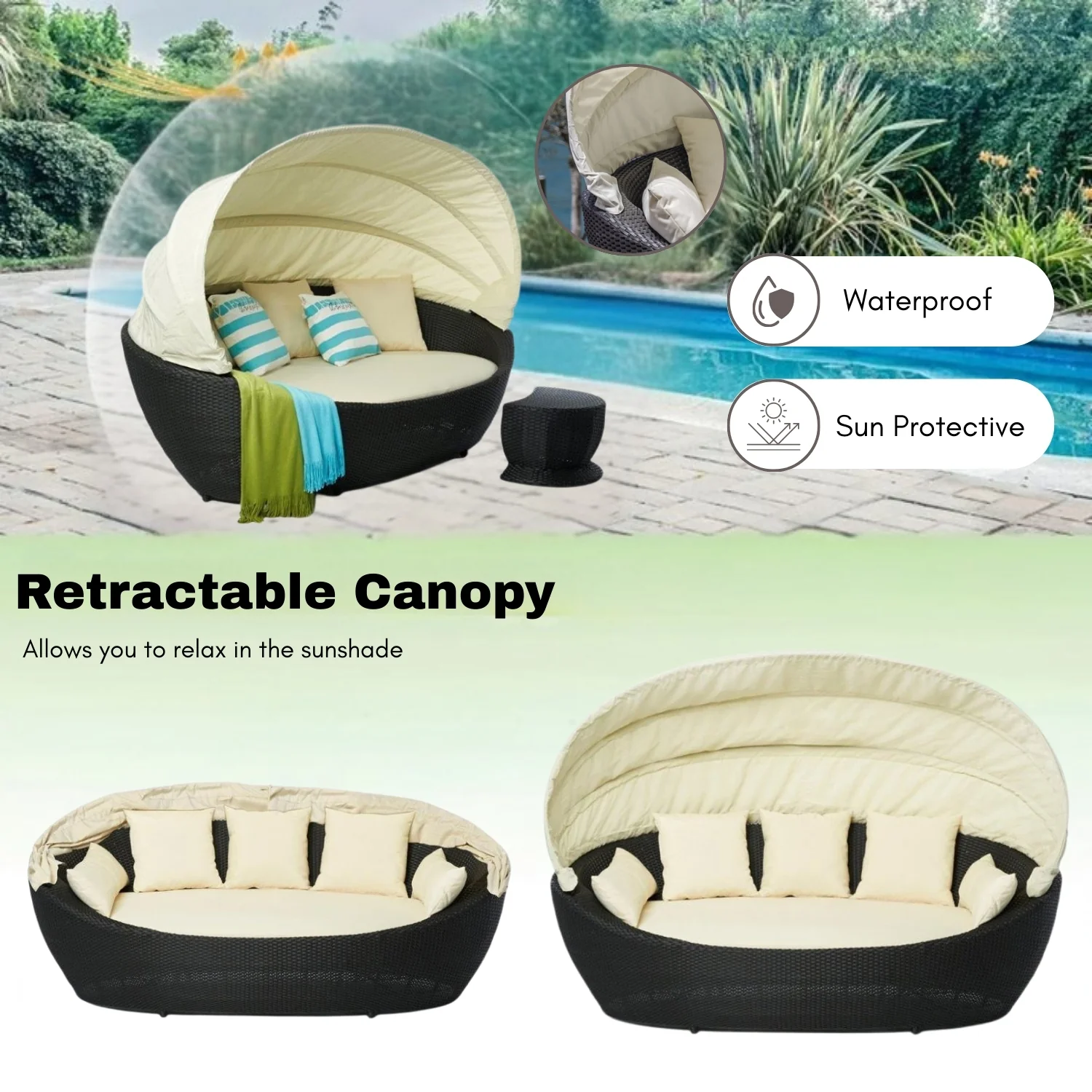 Outdoor All-Weather Wicker Patio Daybed with Retractable Canopy - Image 6