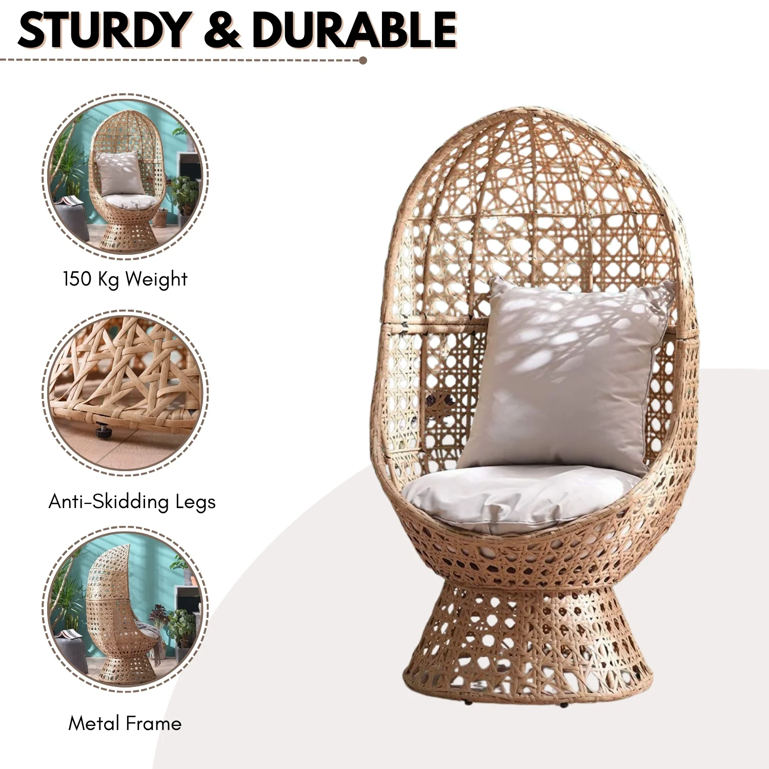Outdoor Beige Rattan Wicker Cocoon Chair - Image 8