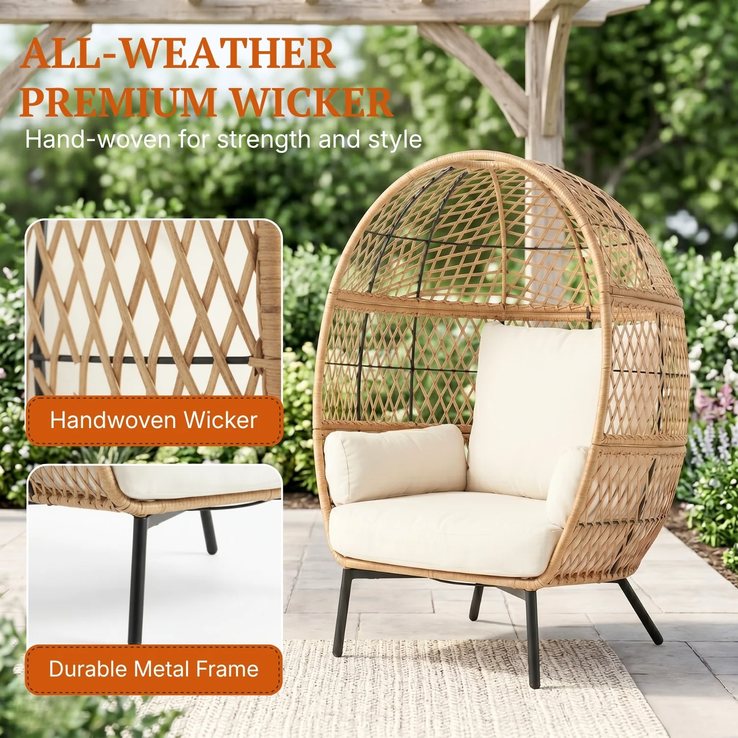 Outdoor Beige Rattan Wicker Lounge Egg Chair - Image 3