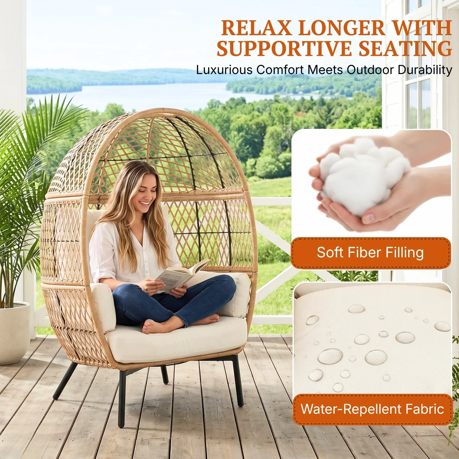 Outdoor Beige Rattan Wicker Lounge Egg Chair - Image 4