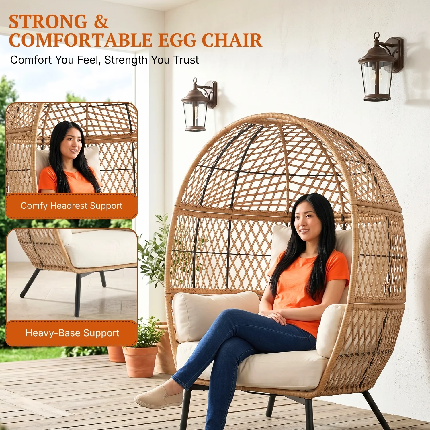 Outdoor Beige Rattan Wicker Lounge Egg Chair - Image 5