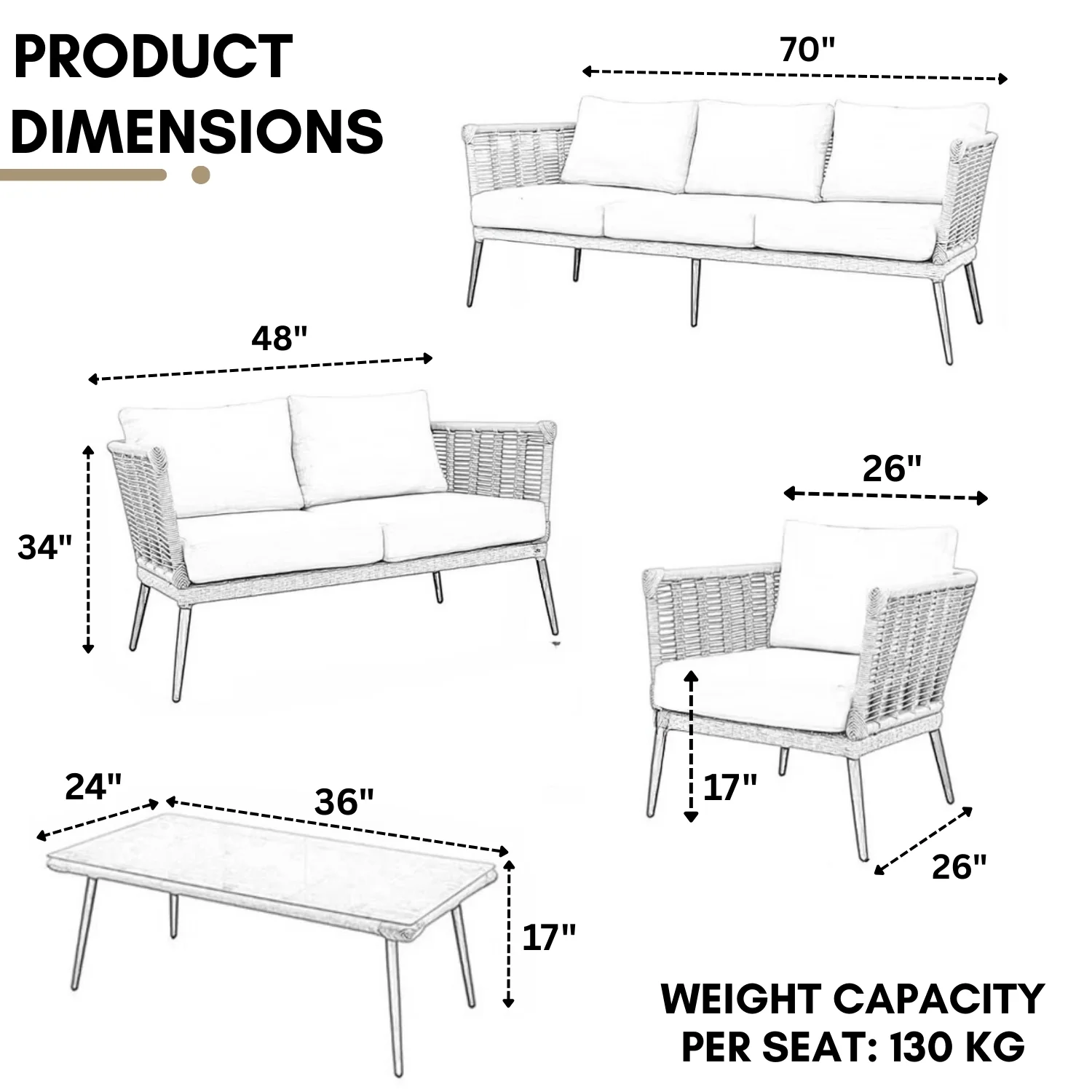 Outdoor Beige Rope 7-Seater Sofa Set With Glass Top Table - Image 2