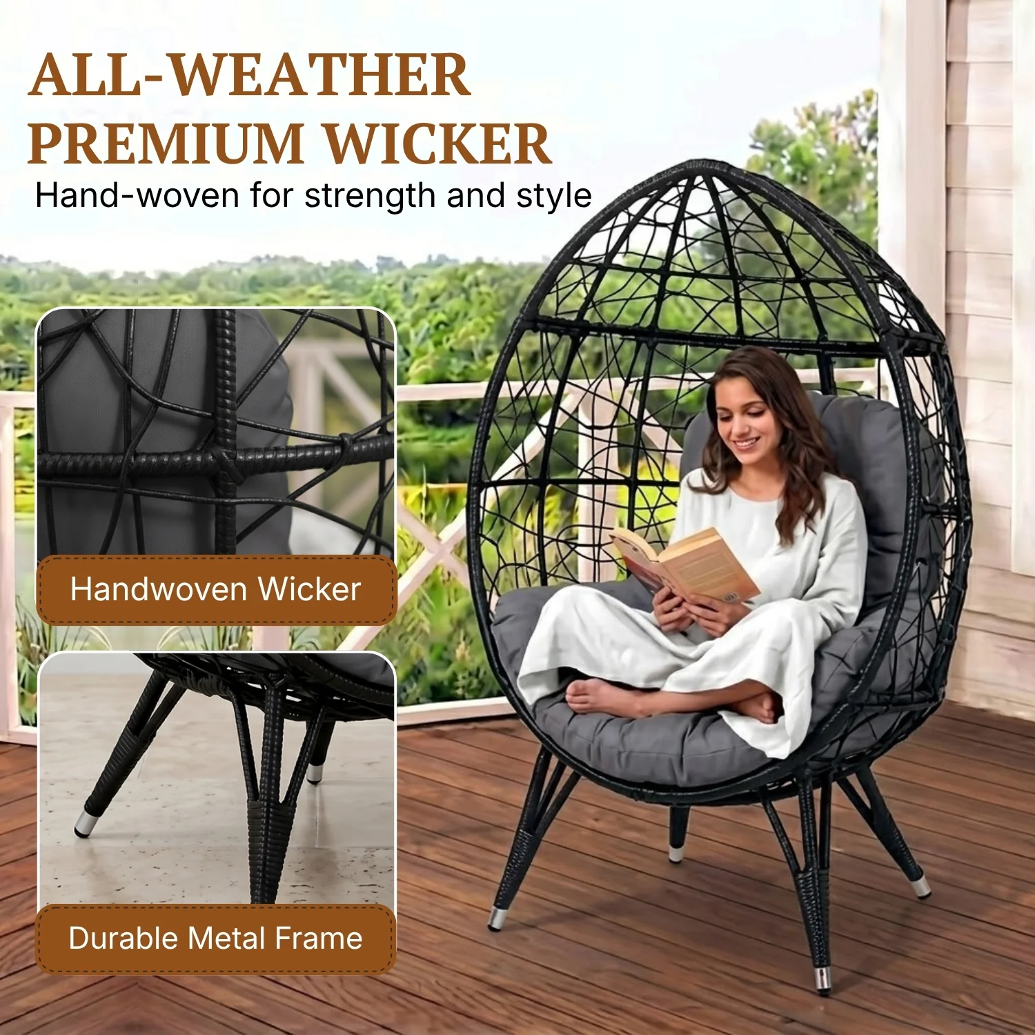 Outdoor Black Rattan Lounge Accent Egg Chair - Image 3