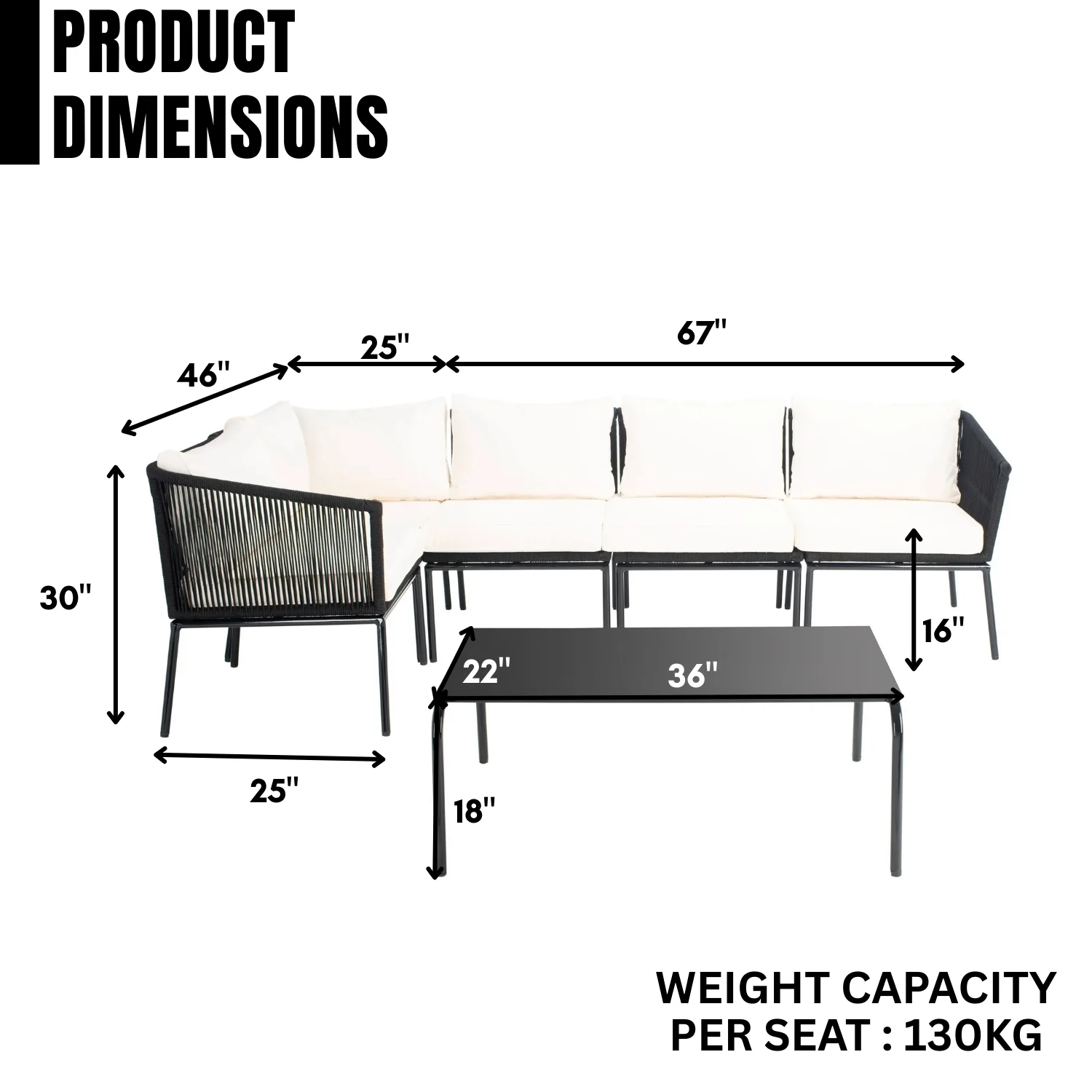 Outdoor Black Rope L-Shape All Weather Sectional Sofa Set - Image 2