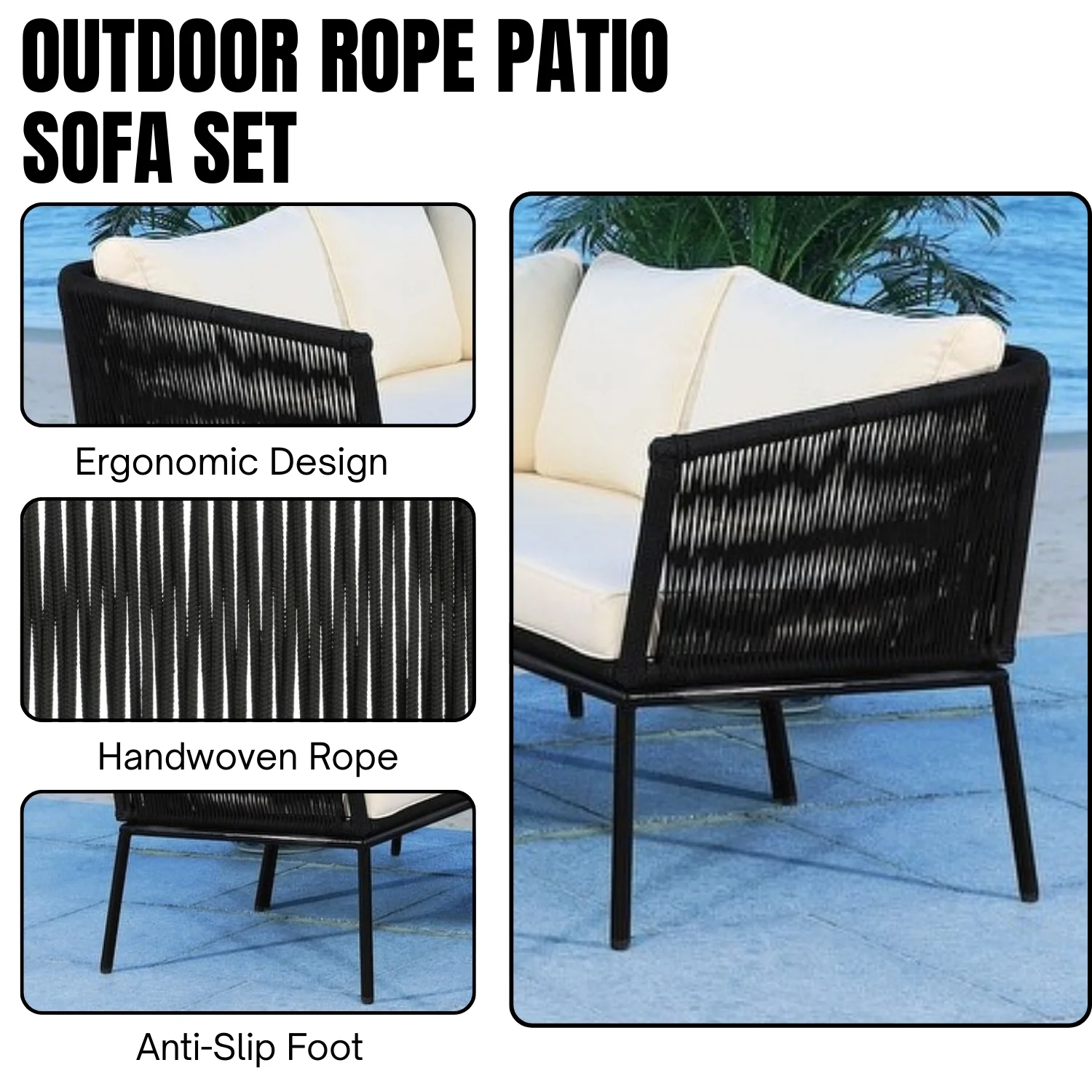 Outdoor Black Rope L-Shape All Weather Sectional Sofa Set - Image 5