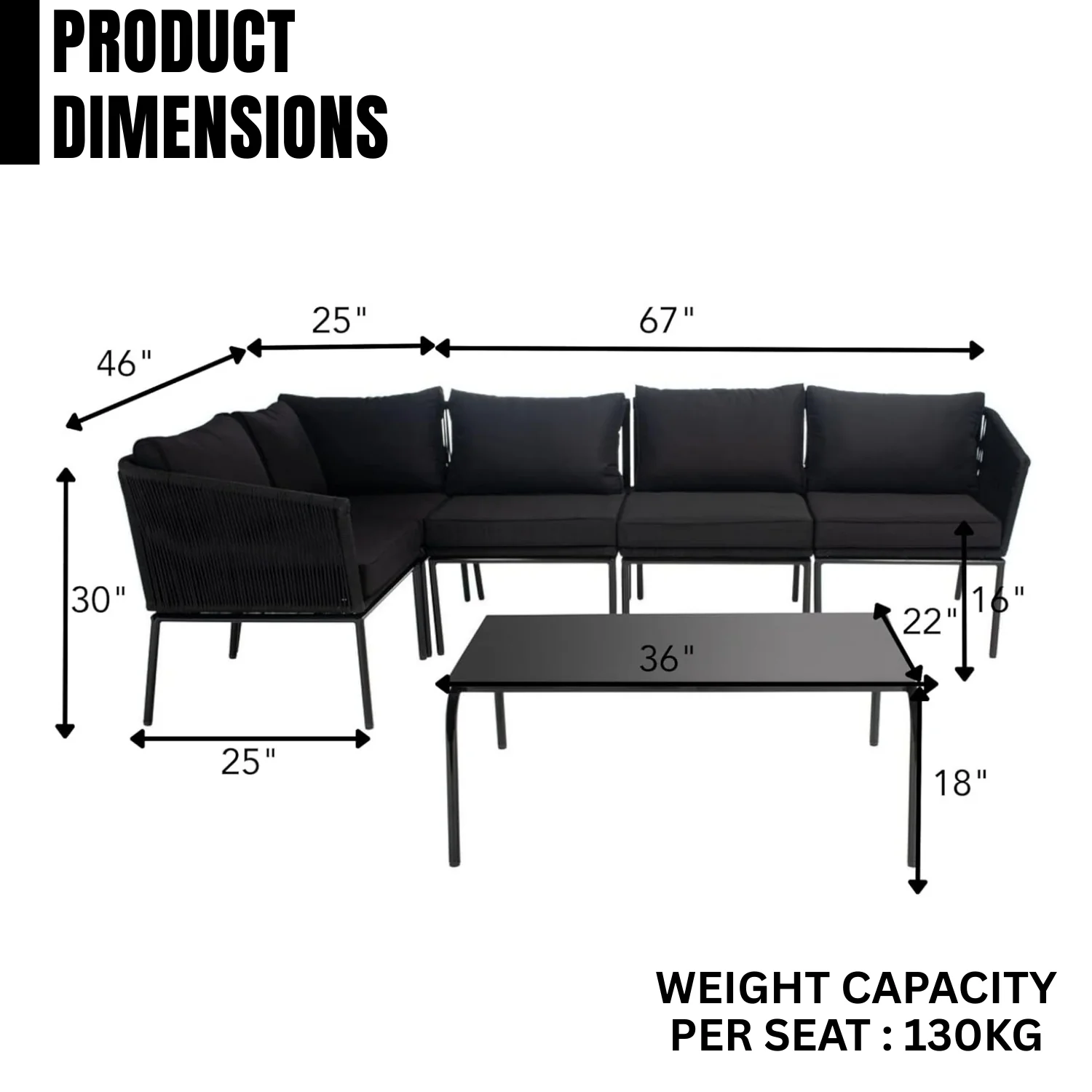 Outdoor Black Rope L-Shape All Weather Sectional Sofa Set - Image 2