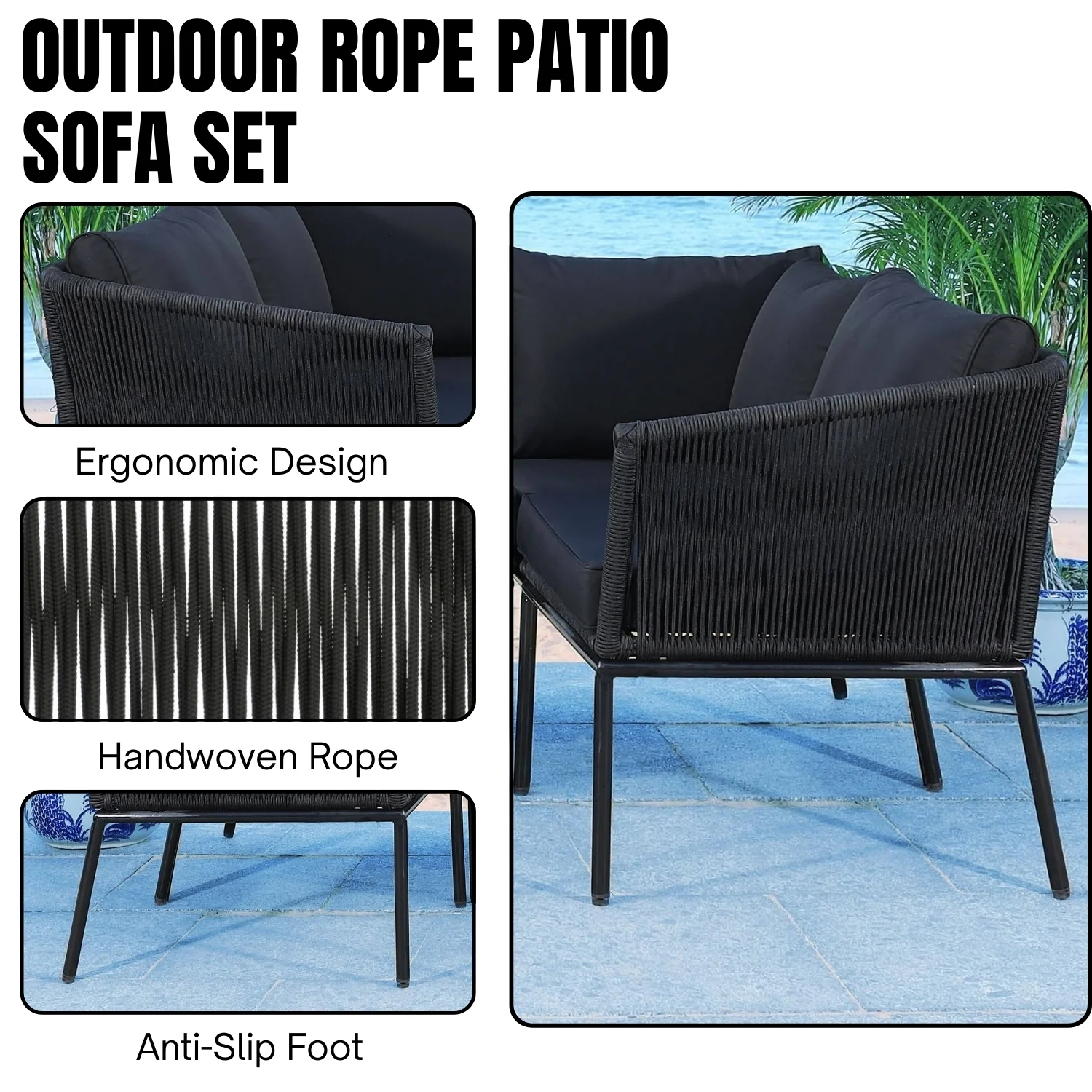 Outdoor Black Rope L-Shape All Weather Sectional Sofa Set - Image 5