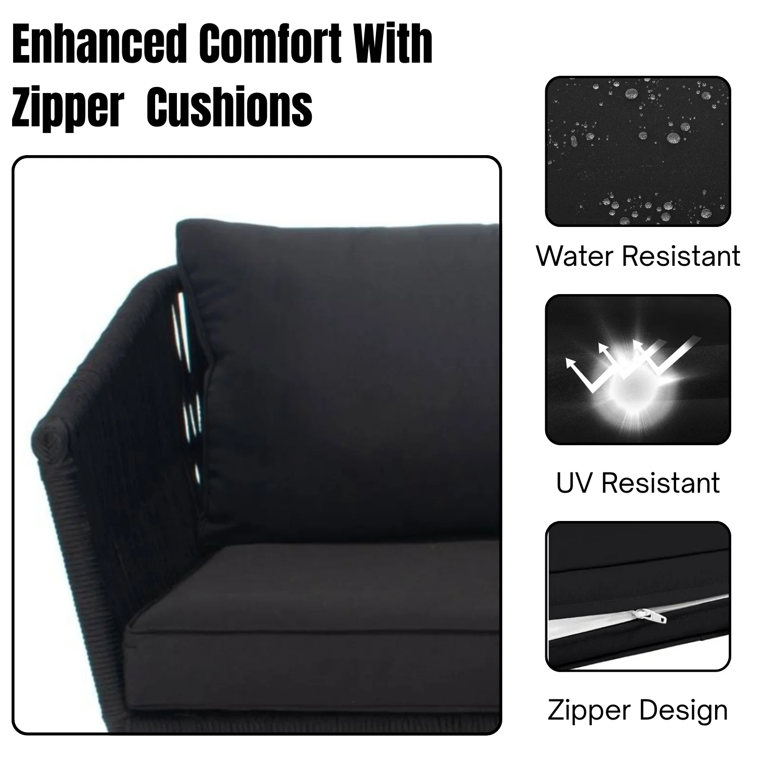 Outdoor Black Rope L-Shape All Weather Sectional Sofa Set - Image 6