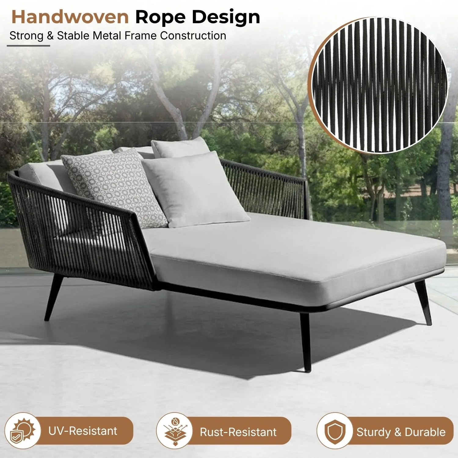 Outdoor Black Rope Patio Daybed with Comfortable Grey Cushion - Image 3