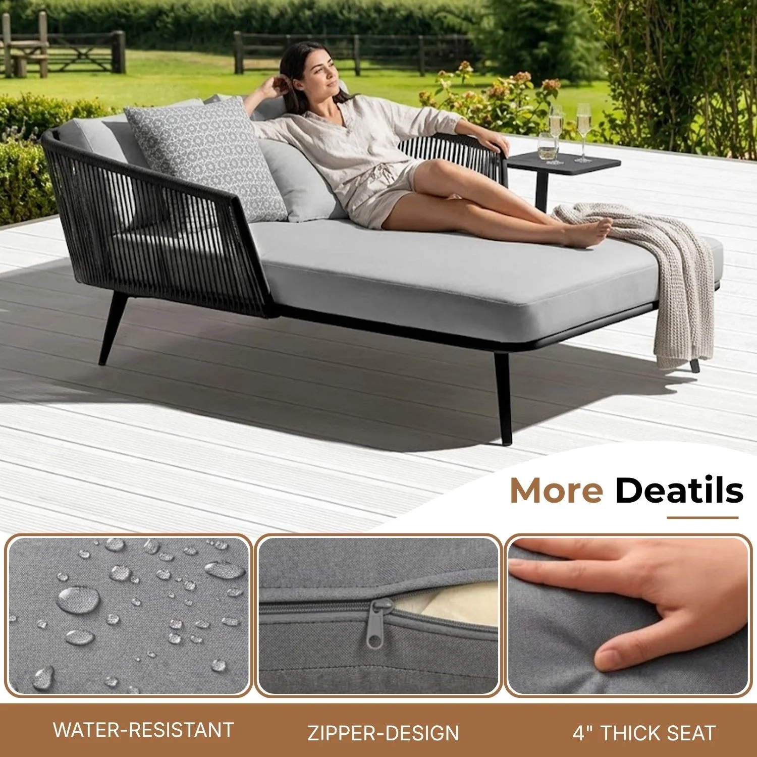 Outdoor Black Rope Patio Daybed with Comfortable Grey Cushion - Image 4