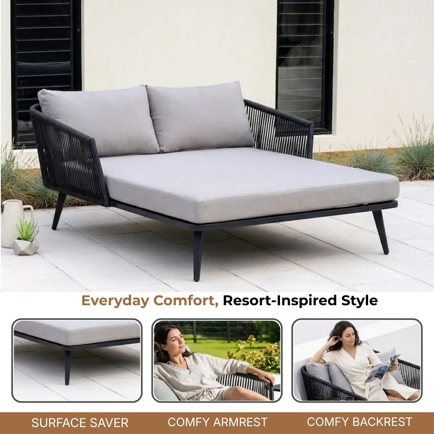 Outdoor Black Rope Patio Daybed with Comfortable Grey Cushion - Image 5