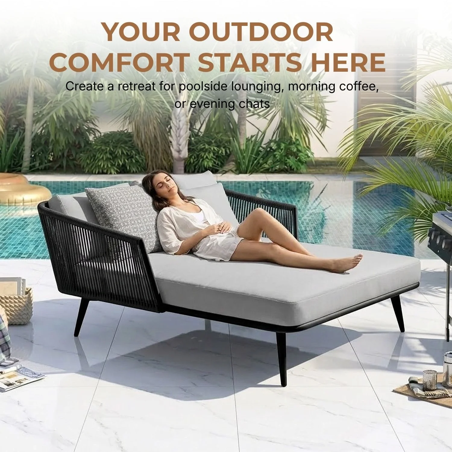 Outdoor Black Rope Patio Daybed with Comfortable Grey Cushion - Image 6