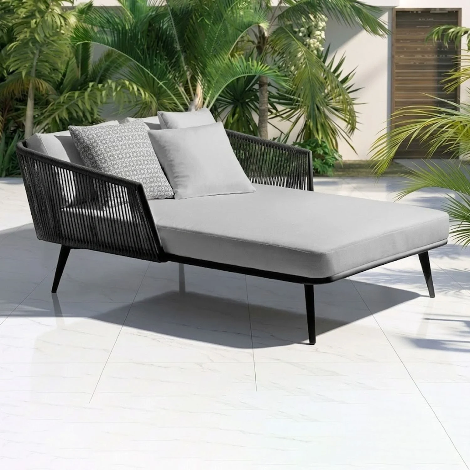 Outdoor Black Rope Patio Daybed with Comfortable Grey Cushion - Image 7