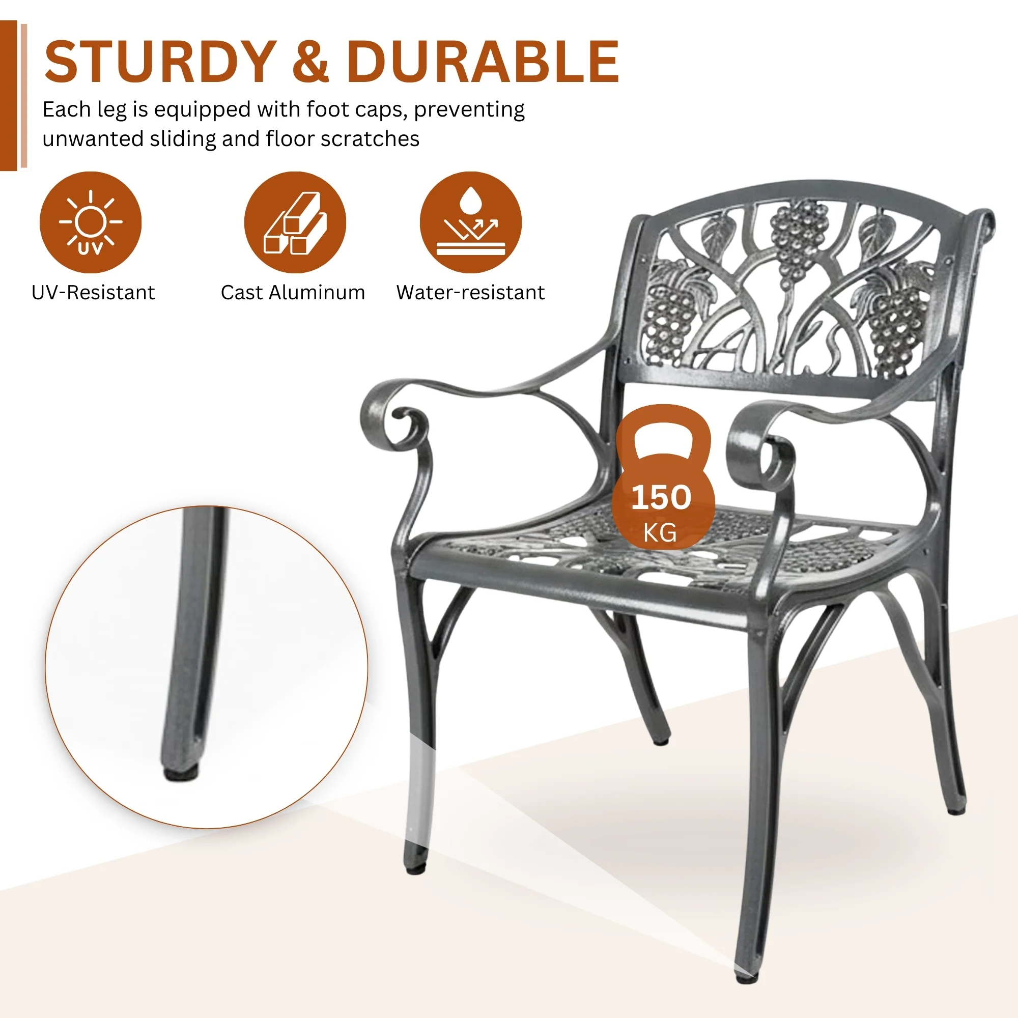 Outdoor Cast Aluminium 5-Piece Patio Bistro Set (Grey) - Image 6