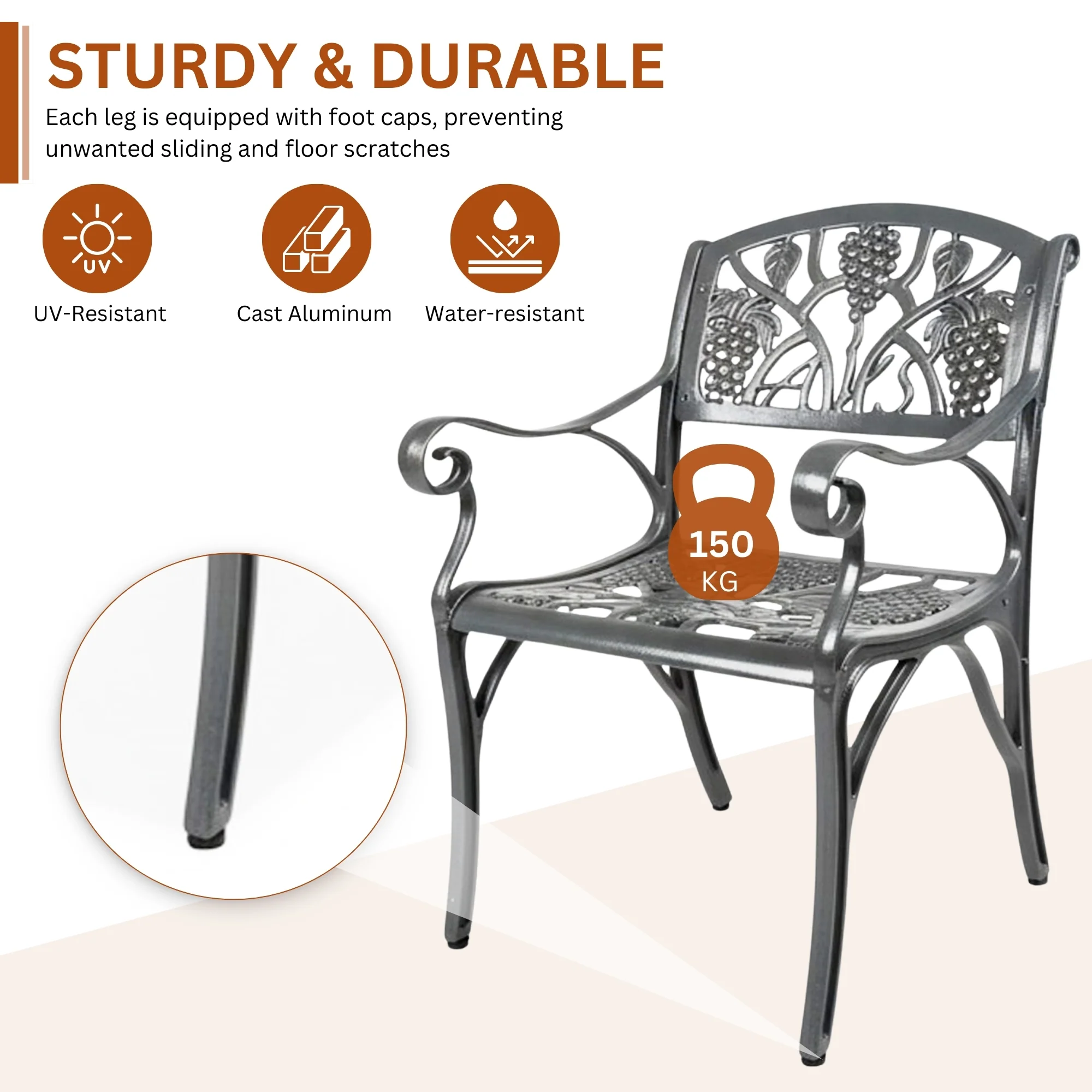 Outdoor Cast Aluminum 2 Chairs Patio Bistro Set (Grey) - Image 7