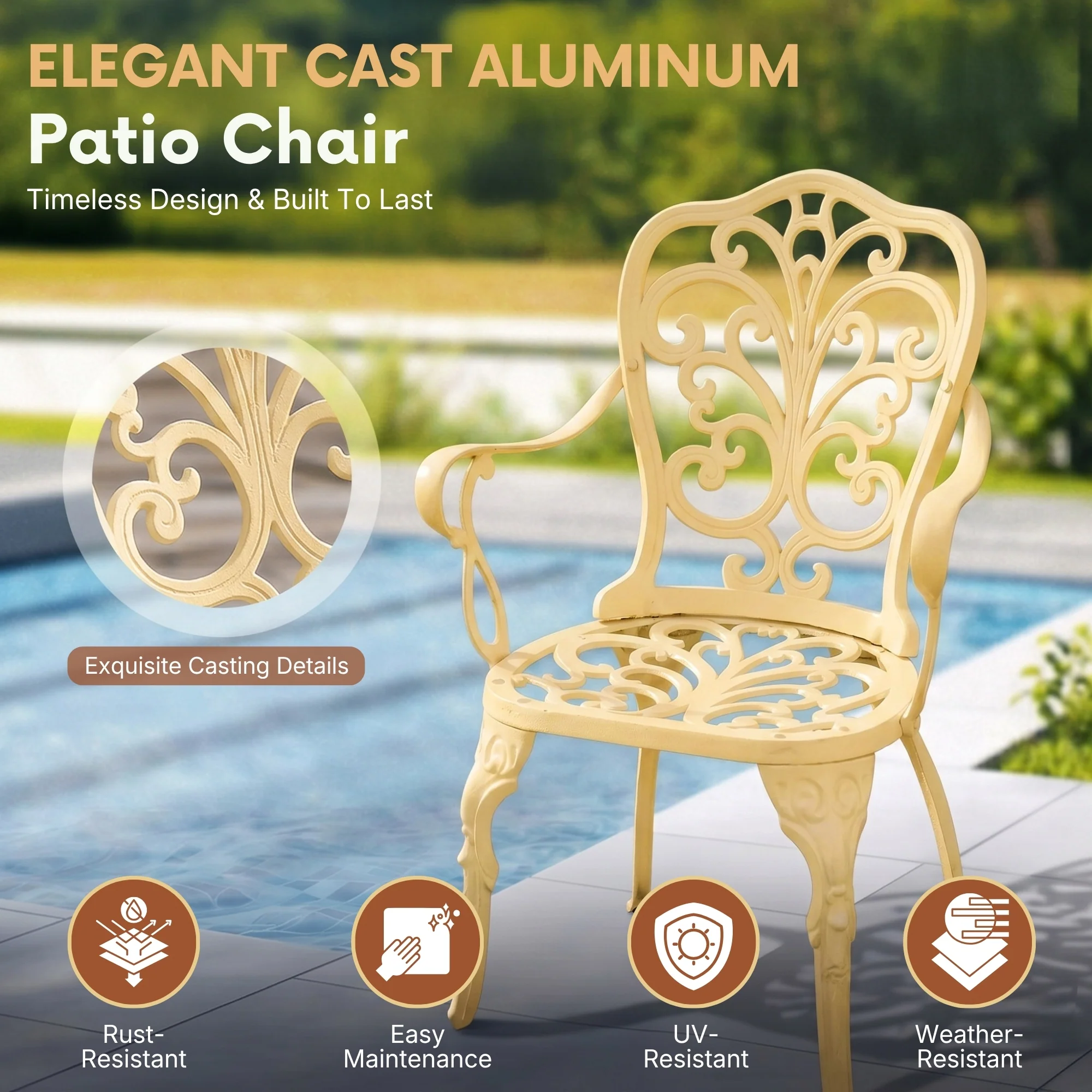 Outdoor Cast Aluminum 5-Piece Patio Conversation Set (Beige) - Image 4