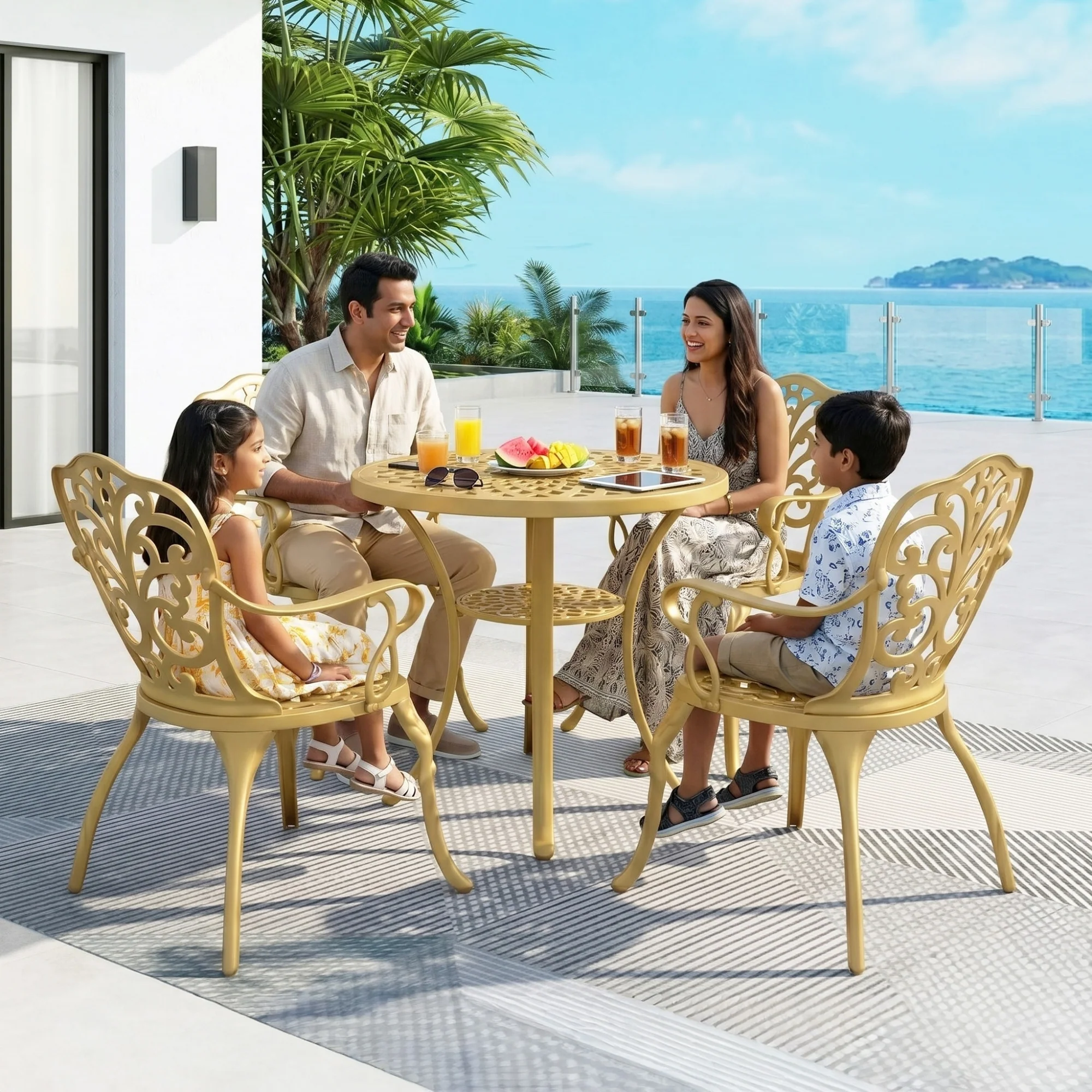 Outdoor Cast Aluminum 5-Piece Patio Conversation Set (Beige) - Image 9
