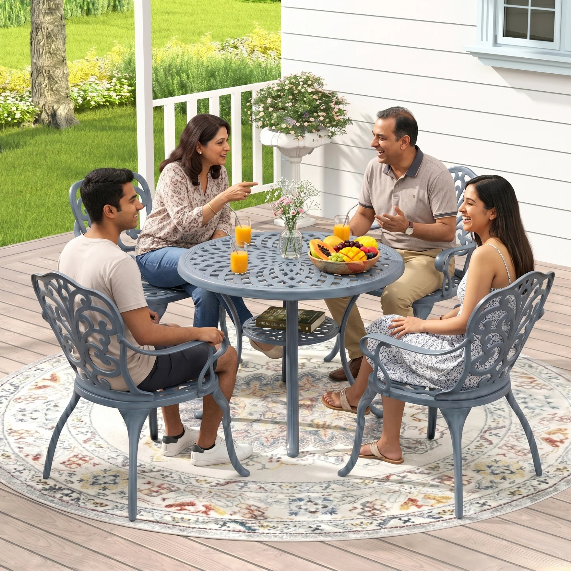 Outdoor Cast Aluminum 5-Piece Patio Conversation Set (Grey) - Image 9