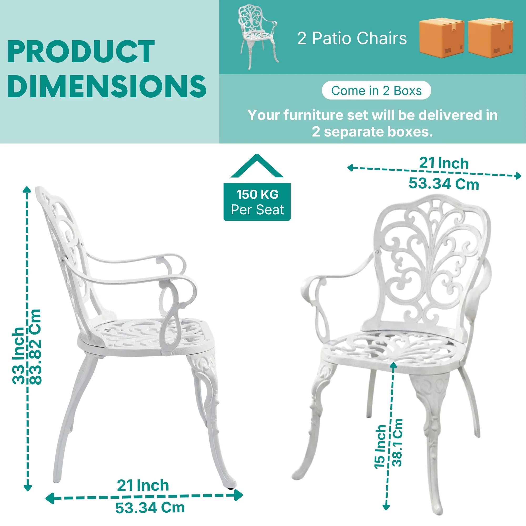 Outdoor Cast Aluminum Bistro Set with 2 Chairs (White) - Image 2