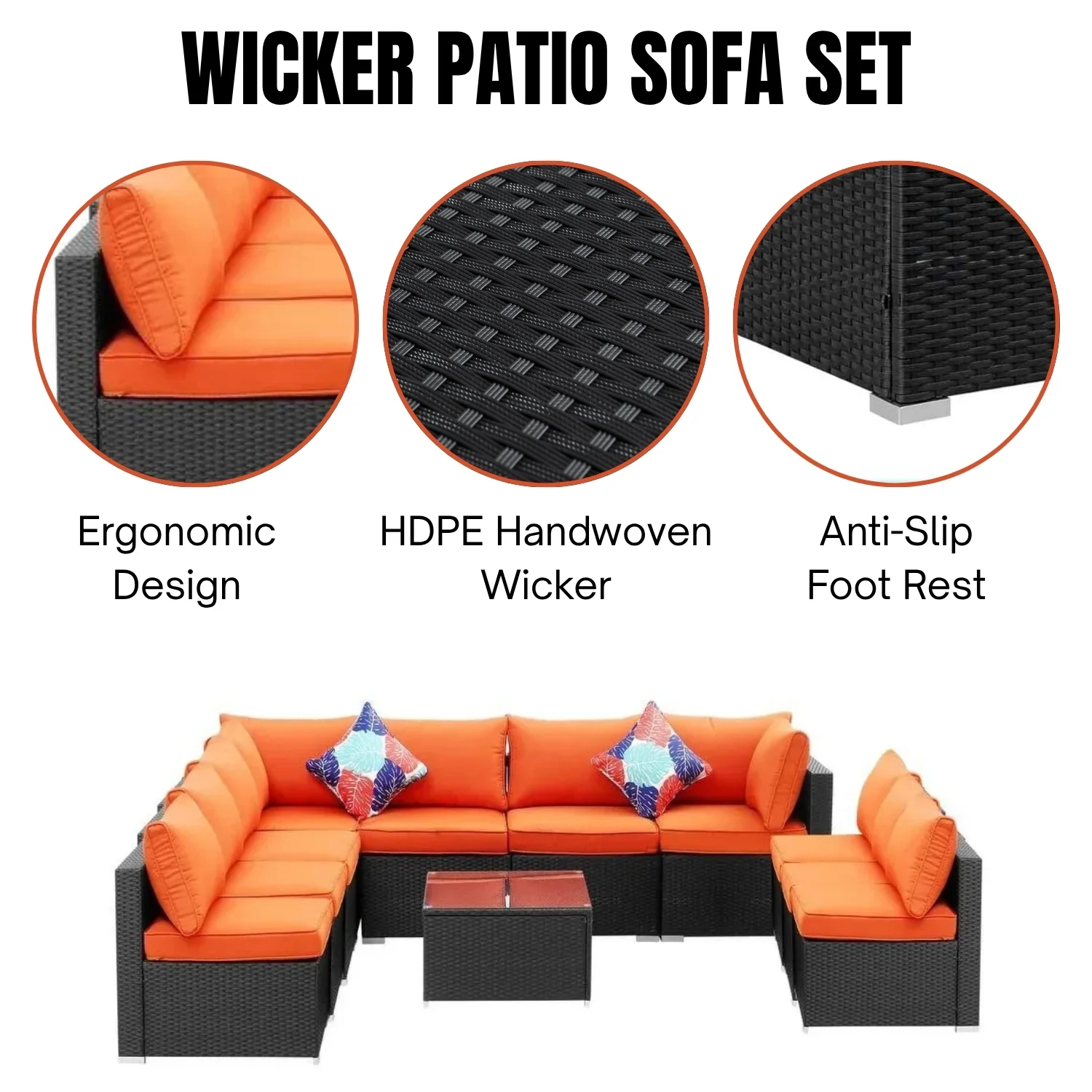 Outdoor Garden Conversation Sofa Set (Black/Orange) - Image 5
