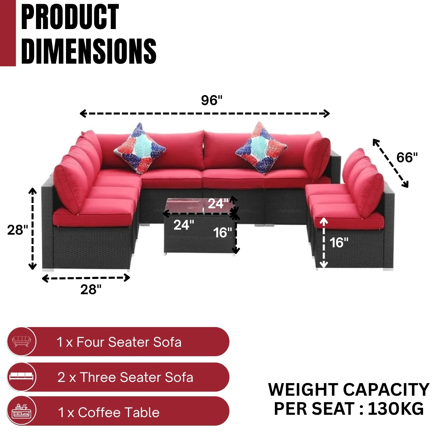 Outdoor Garden Conversation Sofa Set (Black/Red) - Image 2