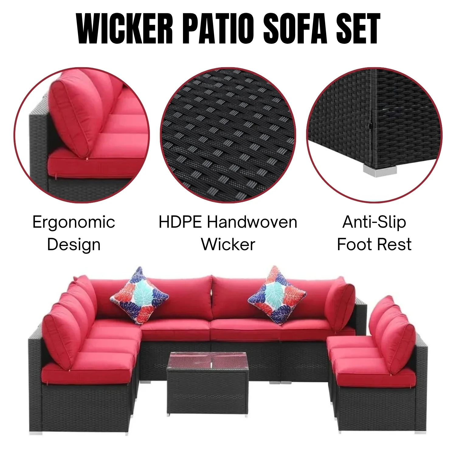 Outdoor Garden Conversation Sofa Set (Black/Red) - Image 4