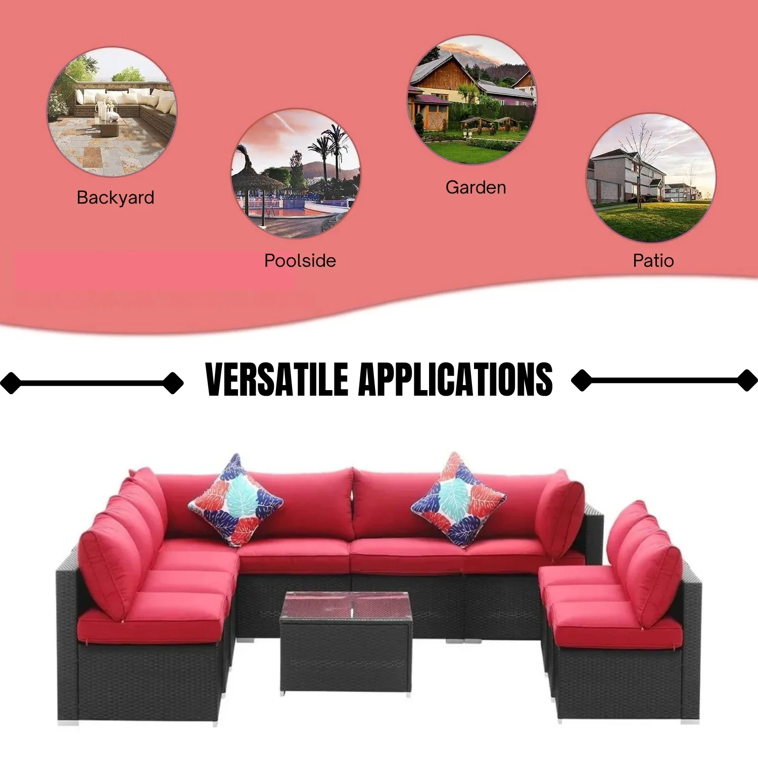 Outdoor Garden Conversation Sofa Set (Black/Red) - Image 9
