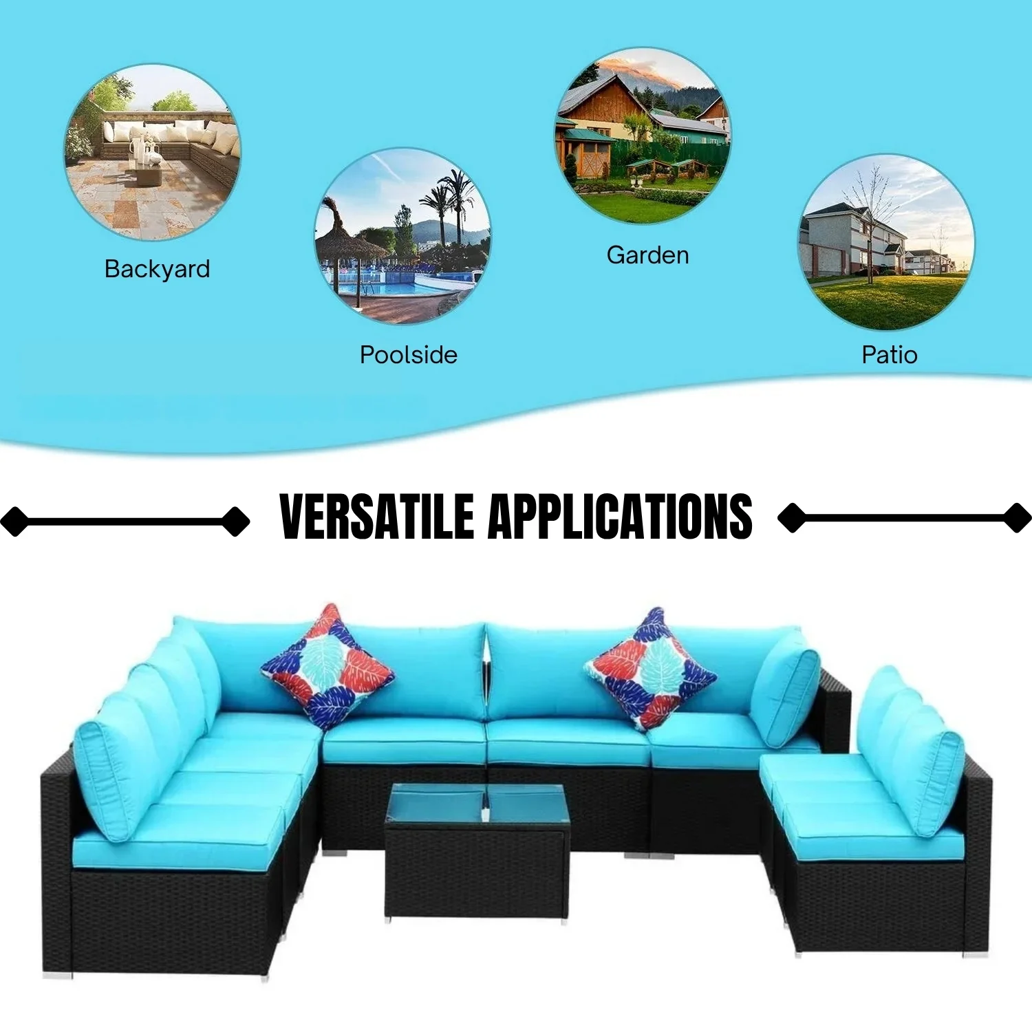 Outdoor Garden Conversation Sofa Set (Black/Sky-Blue) - Image 10
