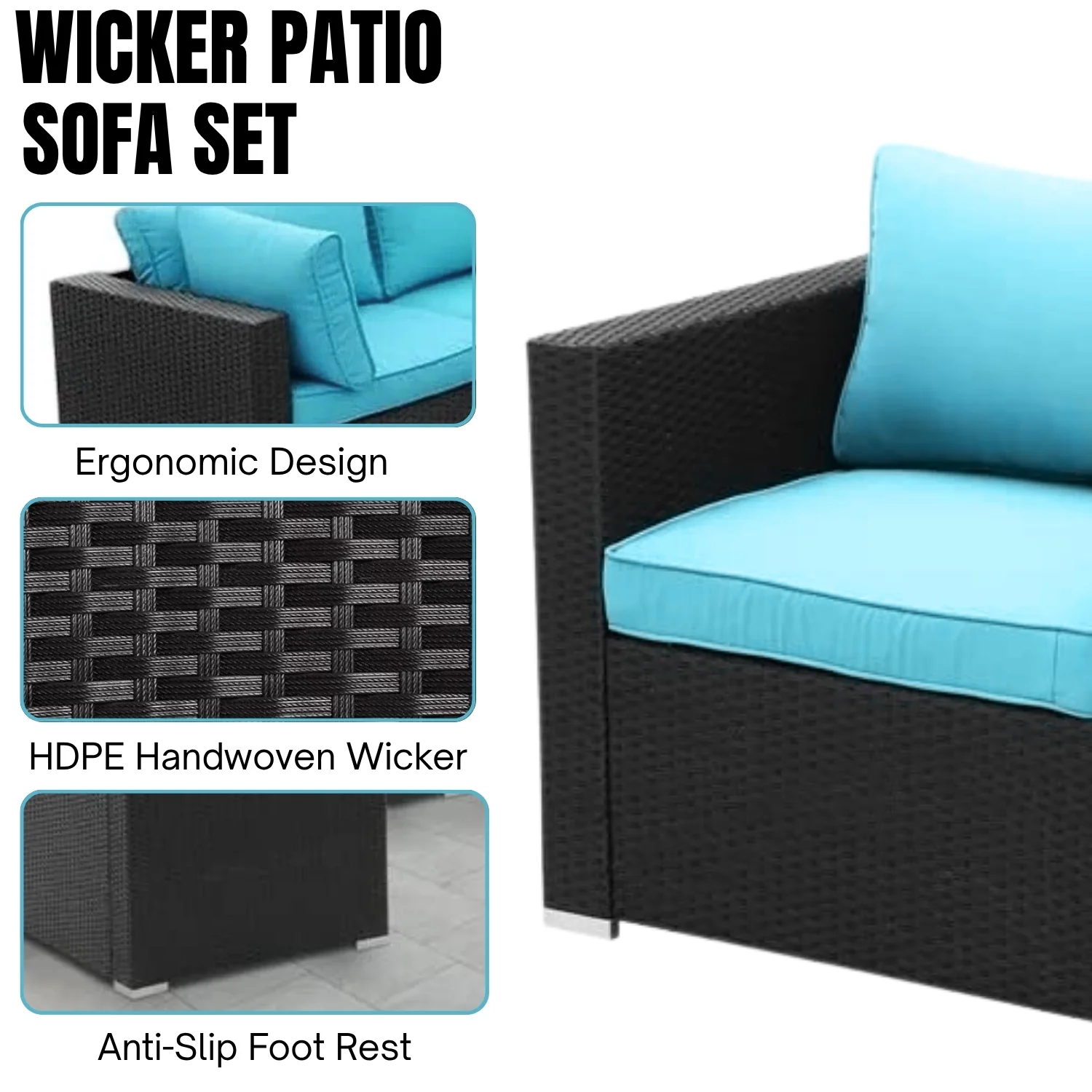 Outdoor Garden Conversation Sofa Set (Black/Sky-Blue) - Image 5