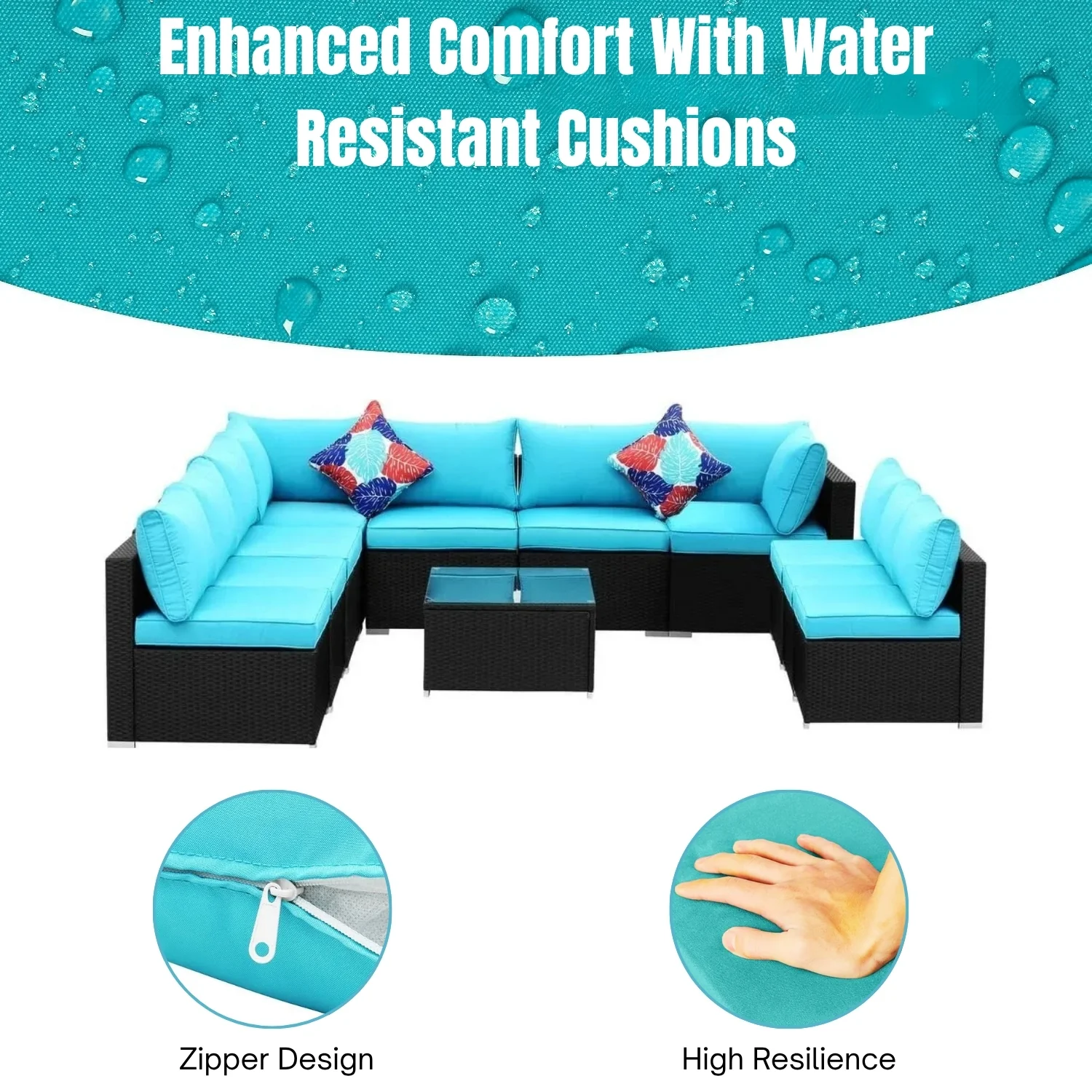 Outdoor Garden Conversation Sofa Set (Black/Sky-Blue) - Image 6