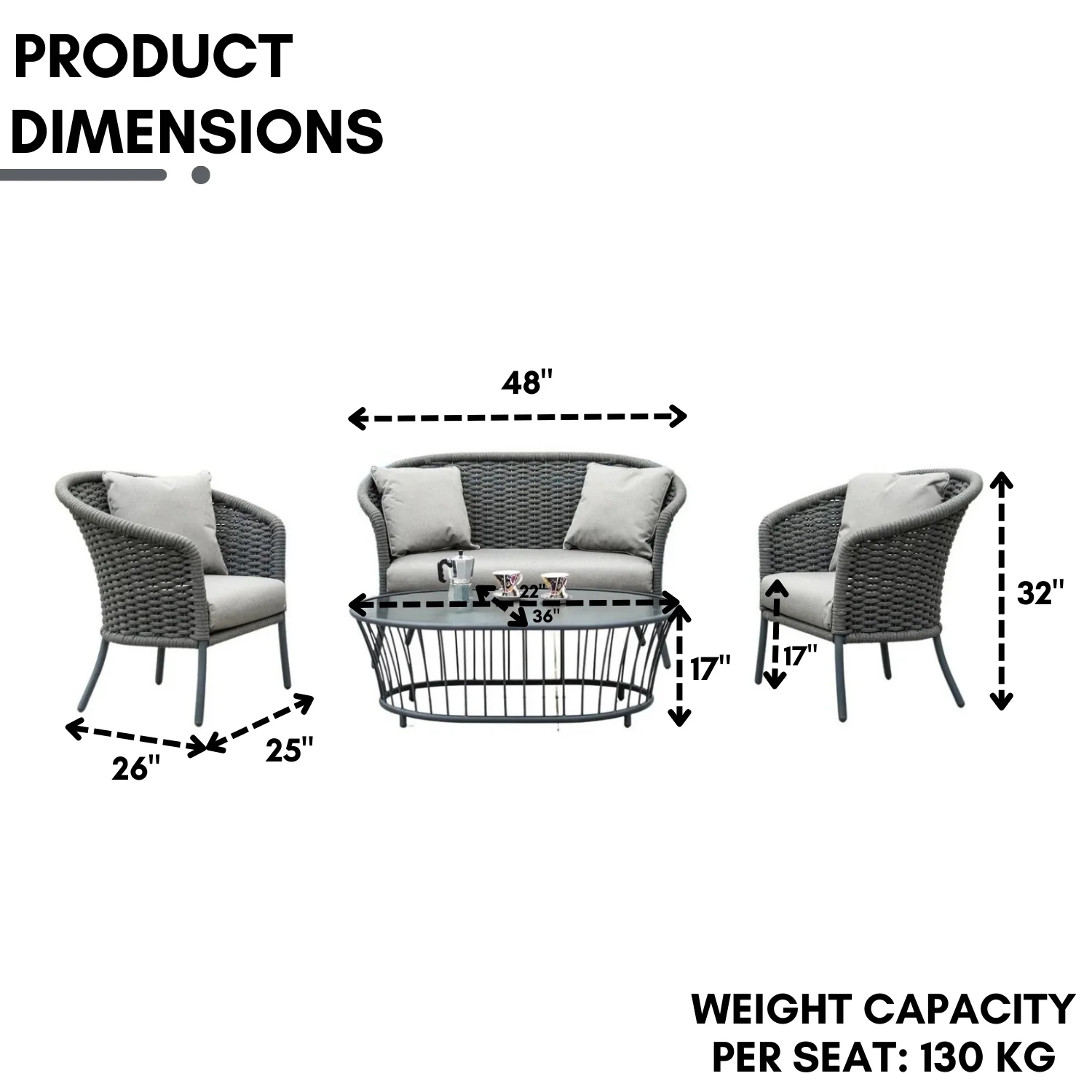 Outdoor Grey Rope 4 Piece Patio Sofa Set with Light Grey Cushions - Image 2