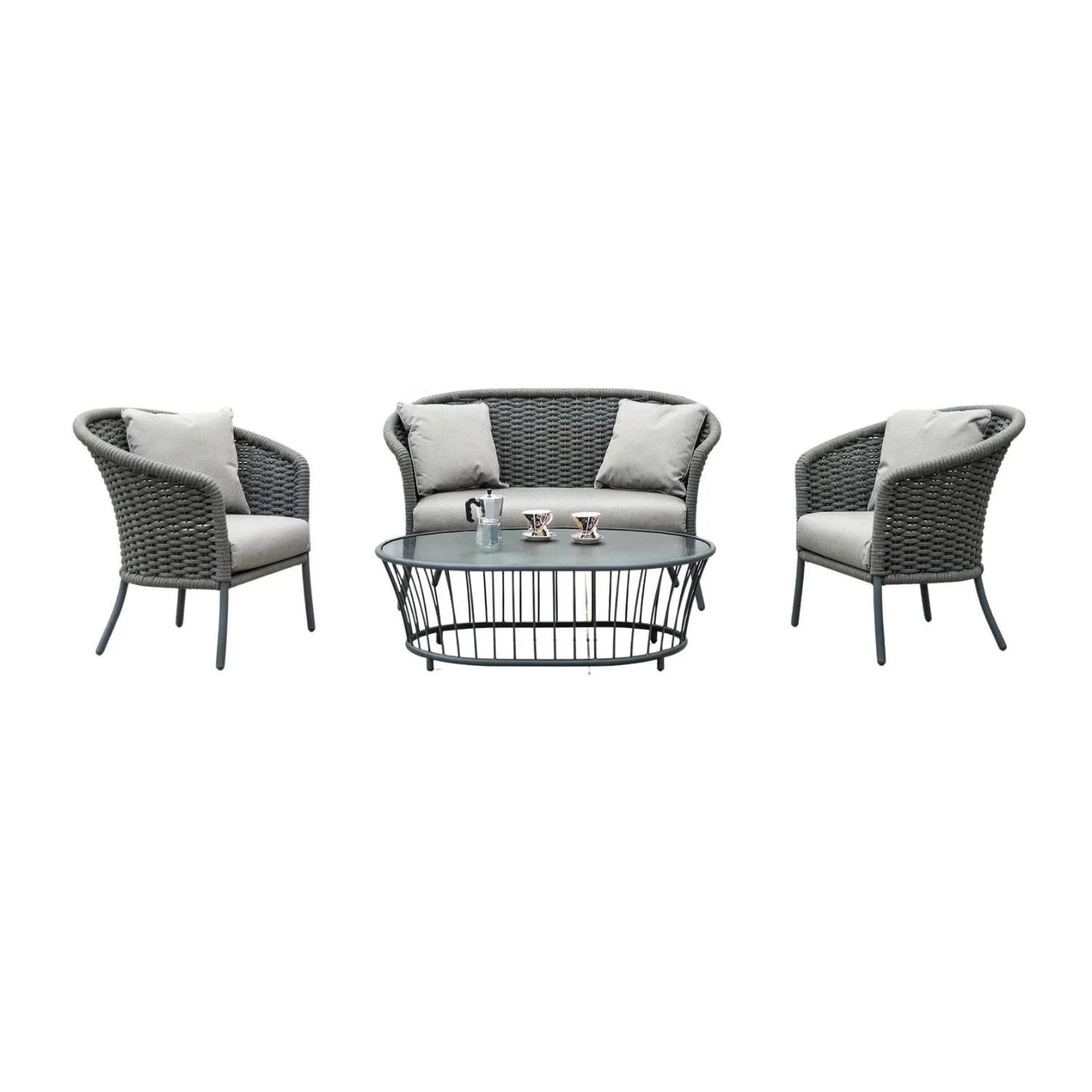Outdoor Grey Rope 4 Piece Patio Sofa Set with Light Grey Cushions - Image 5