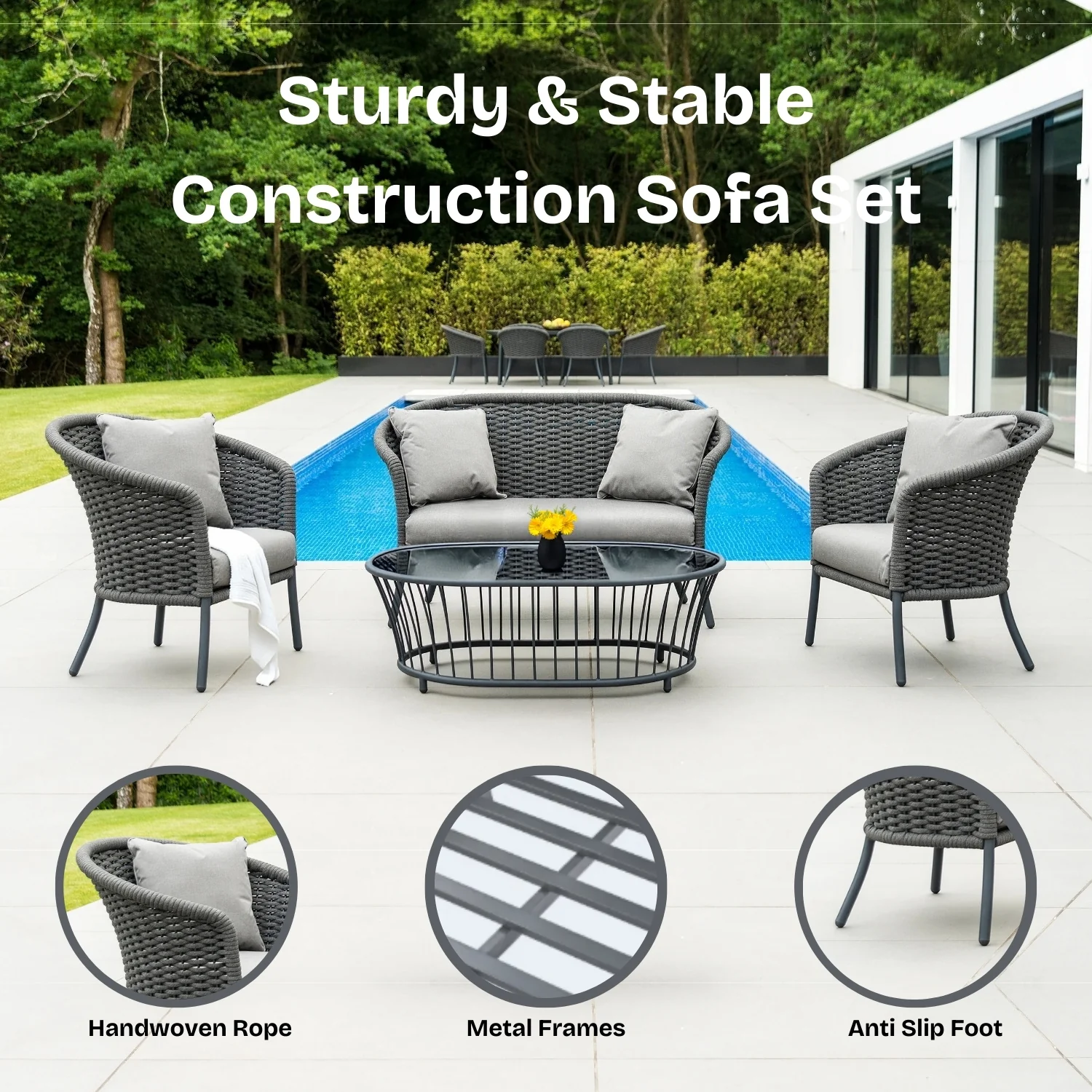 Outdoor Grey Rope 4 Piece Patio Sofa Set with Light Grey Cushions - Image 6